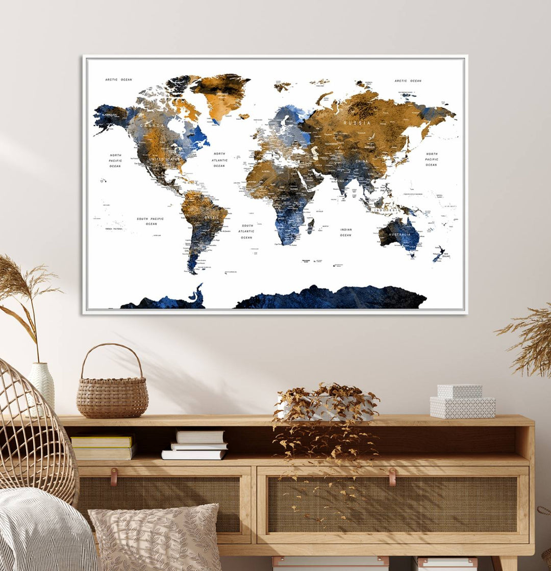 The Watercolor World Map Canvas showcases a grunge-stained background in gold, gray, and blue hues.