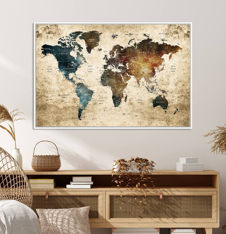 Grunge World Map Canvas featuring earth-toned continents, suitable for study, office, or living room.