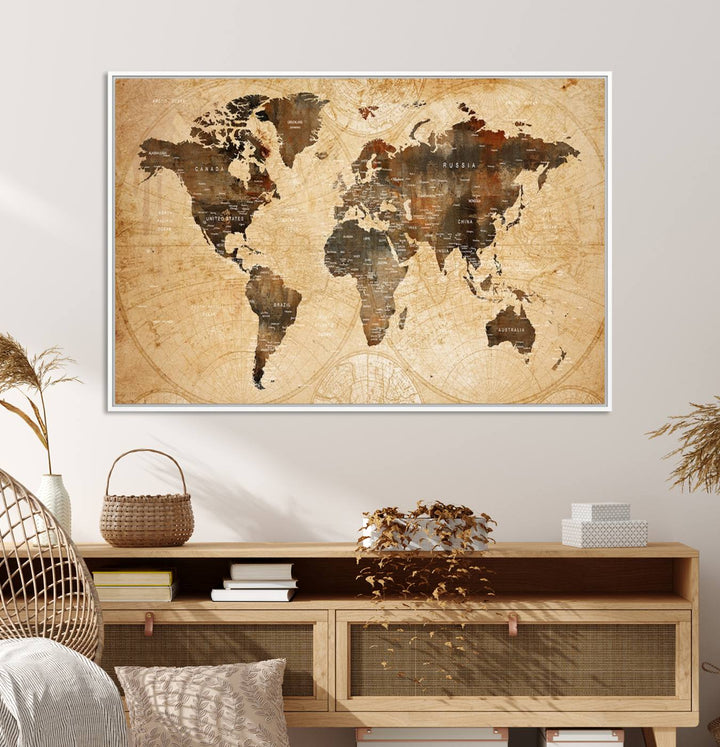 Vintage World Map Wall Art | 3 Panel Large Canvas Art | Antique World Map Canvas Print | Rustic Map Wall Art, Framed Gallery Wrapped