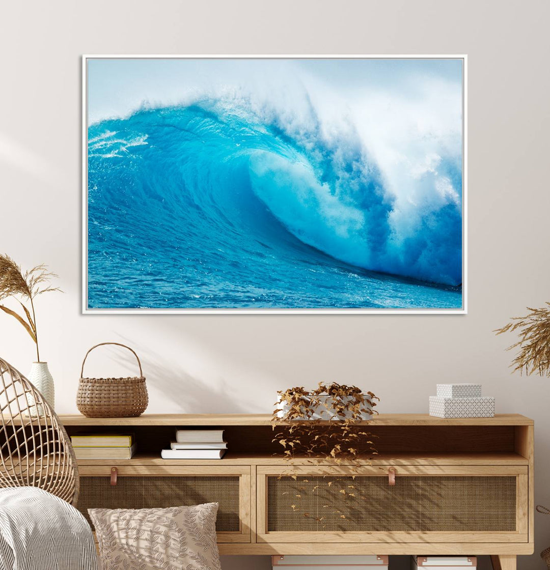 A museum-quality canvas depicting a vibrant blue ocean wave with white foam under a clear sky.