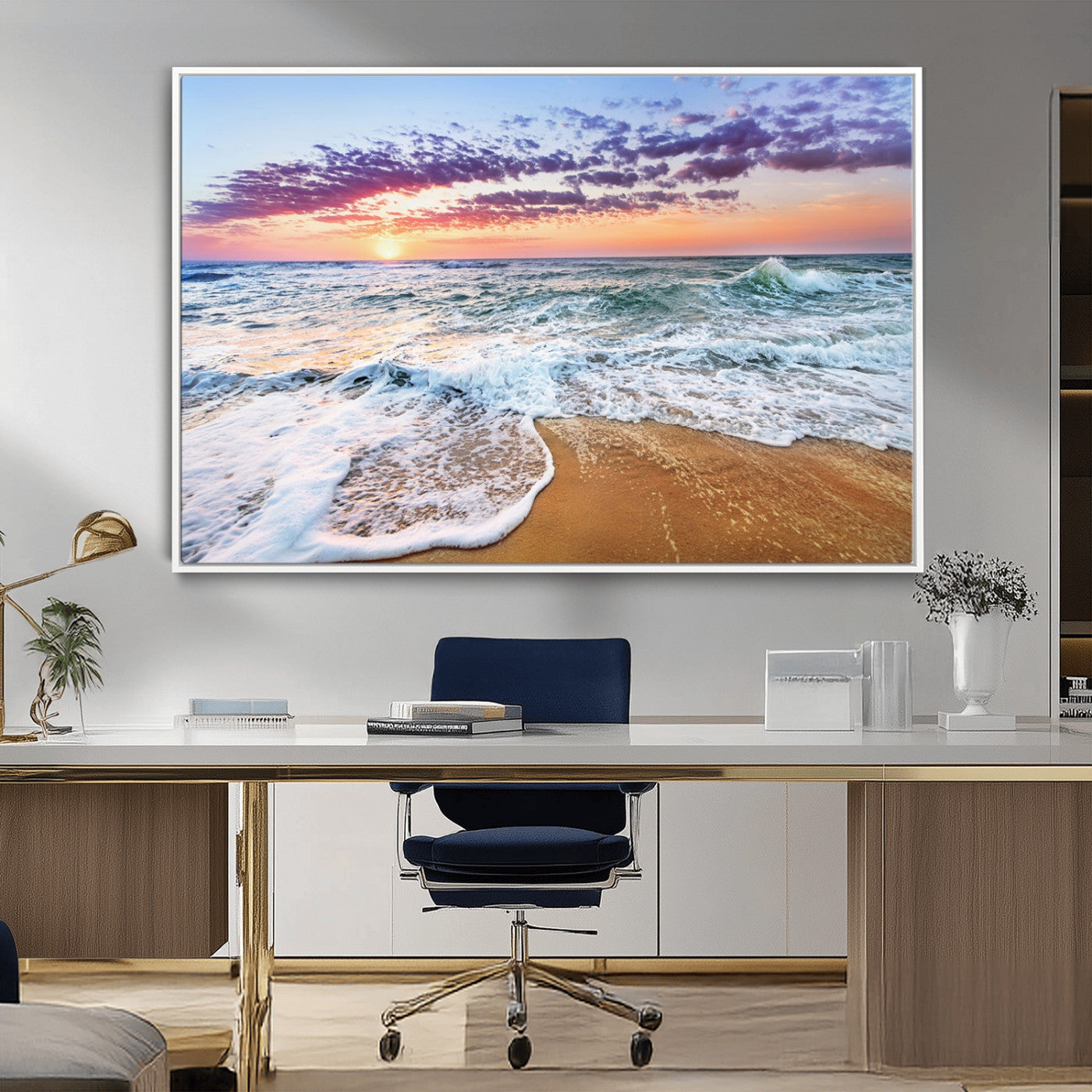 MGV-FC-36X24 - Coastal Sunset Art Beach Canvas Wall Art Print | Ocean Waves Wall Art | Large 3-Panel Seascape for