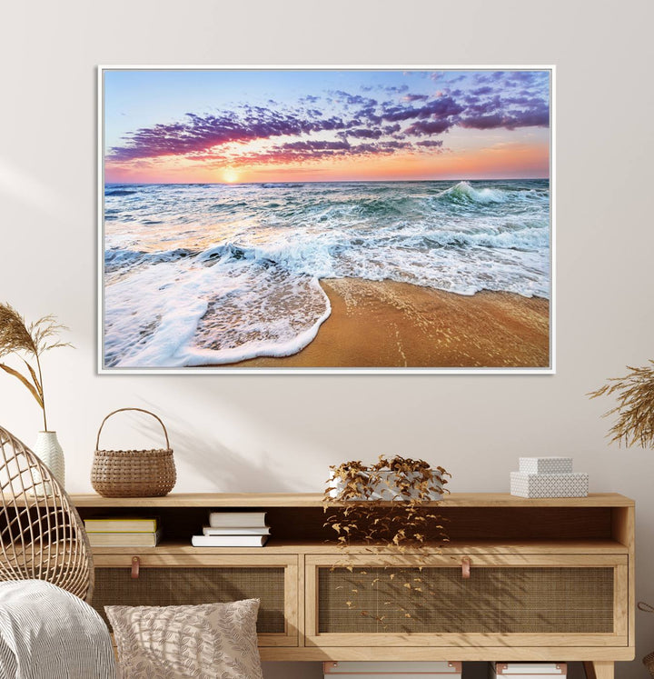 The Coastal Sunset Art Canvas Print features ocean waves beneath a vibrant sky in a stunning 3-panel seascape.