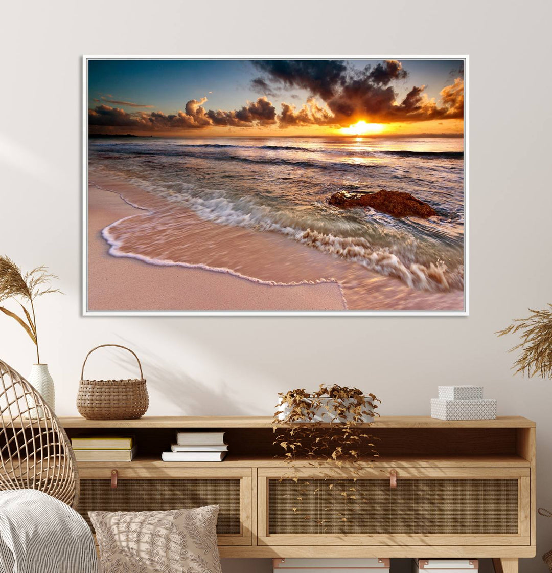 The Sunset on Ocean Wall Art Canvas Print beautifully captures a beach sunset, gentle waves, and a peaceful atmosphere.