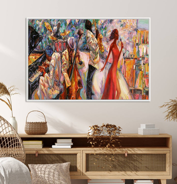 The Abstract Afro American Jazz Canvas captures a vibrant jazz band and showcases a woman dancing in red, making it perfect for dining or music spaces.