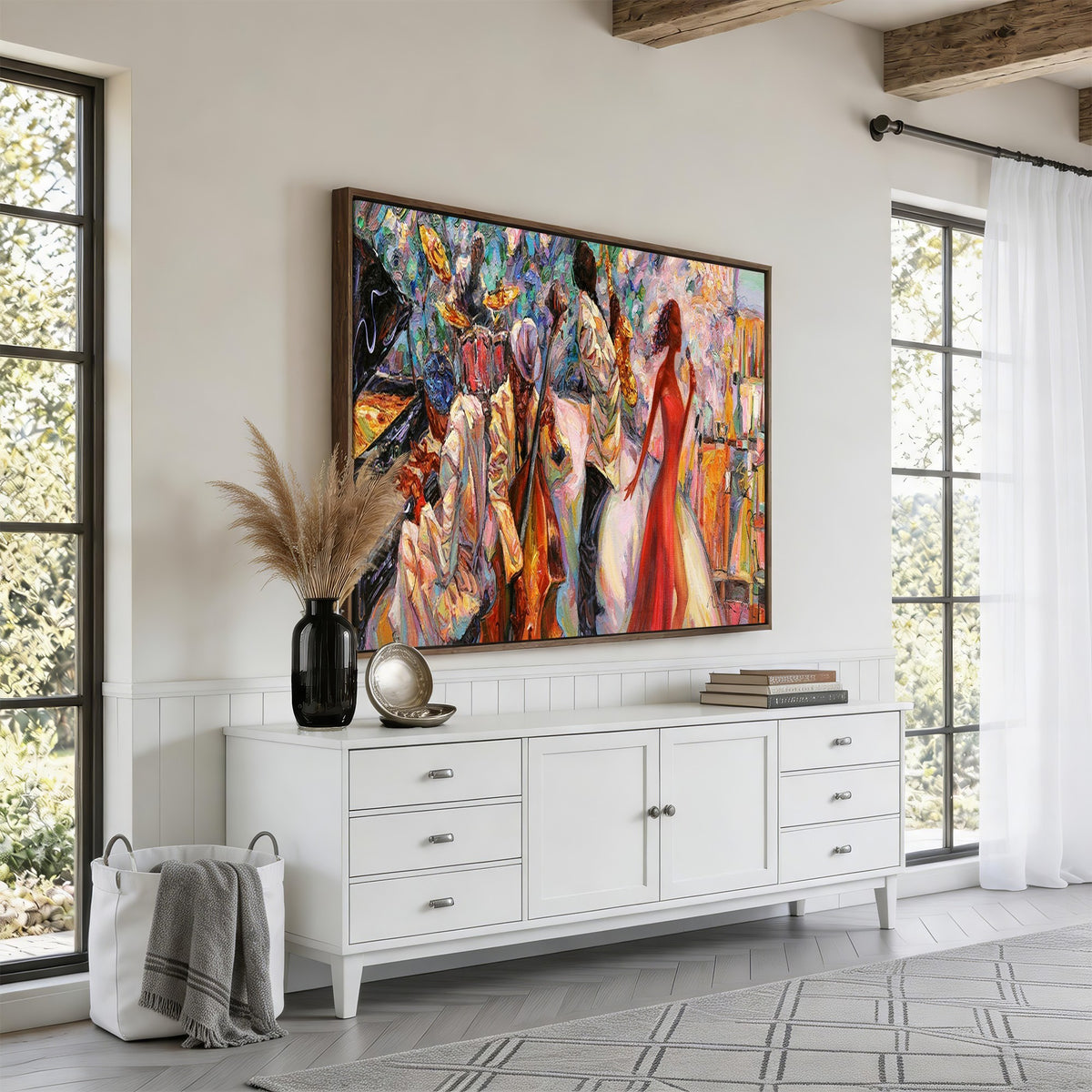 40574-_Poster-30x20 - Afro American Jazz Band Canvas Wall Art | 3 Panel Music Studio Decor