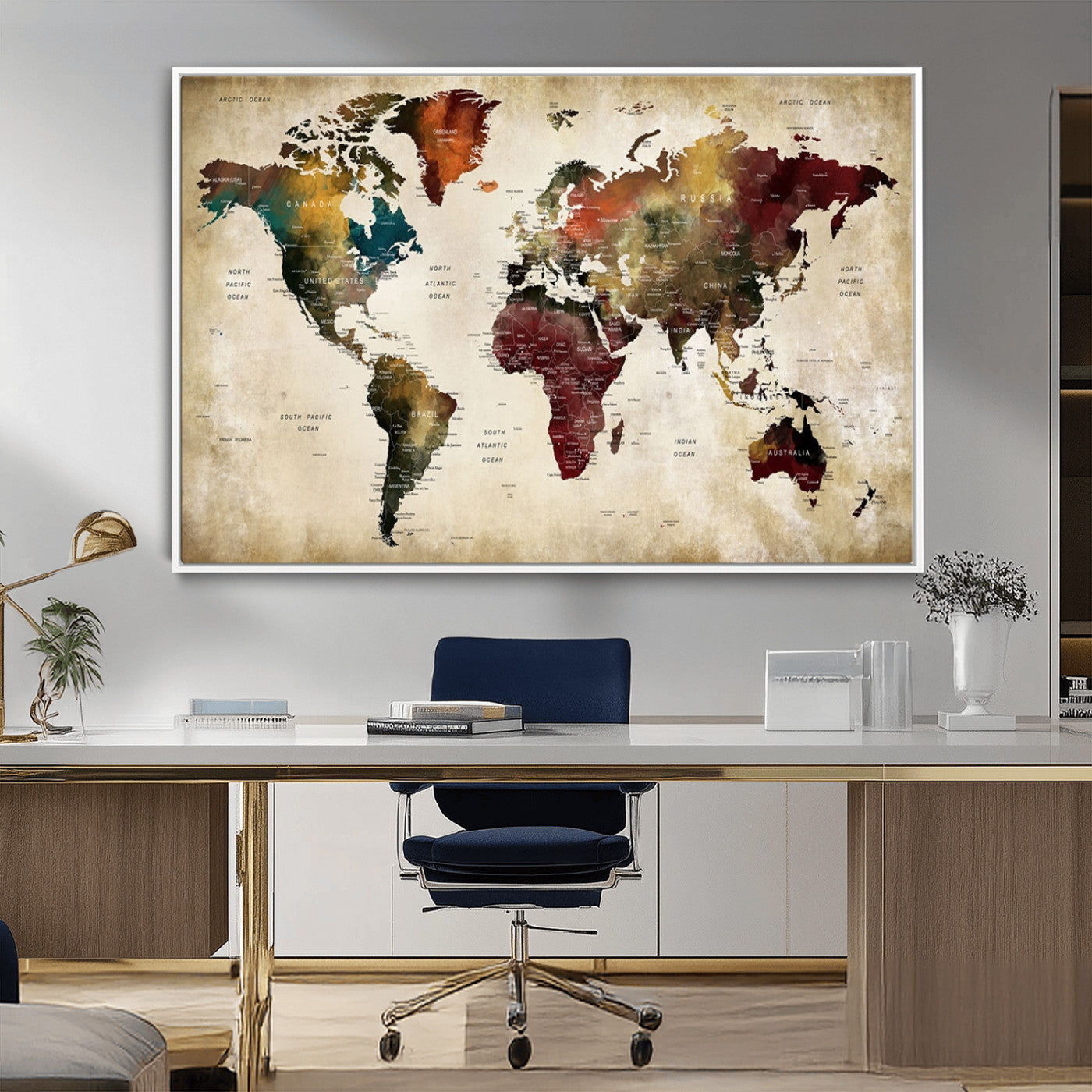 MGV-FC-36X24 - Large World Map Wall Art Canvas Print, Framed Push Pin Map Art Picture Print, Abstract Traveller Map Perfect Modern Decor Artwork