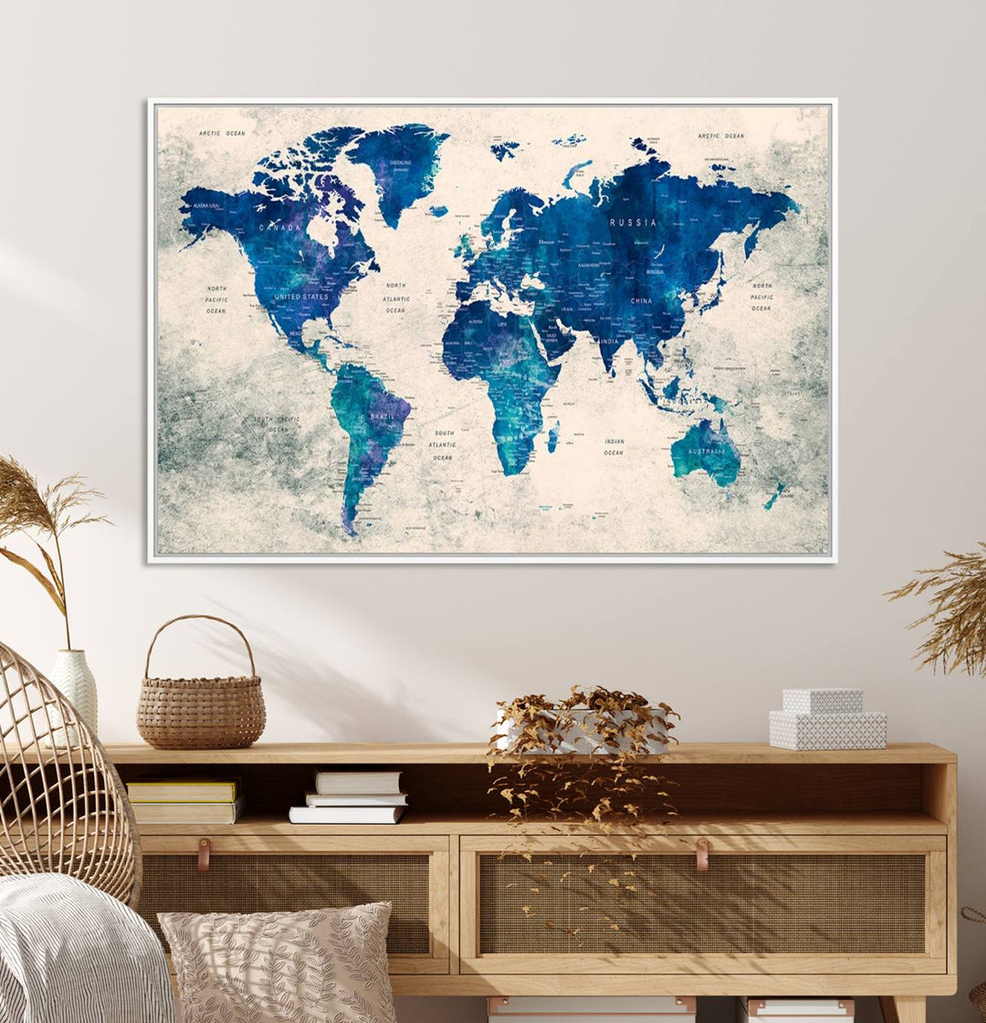 Navy Blue Push Pin World Map Canvas Print featuring a grunge-stained background, with labeled countries and oceans.