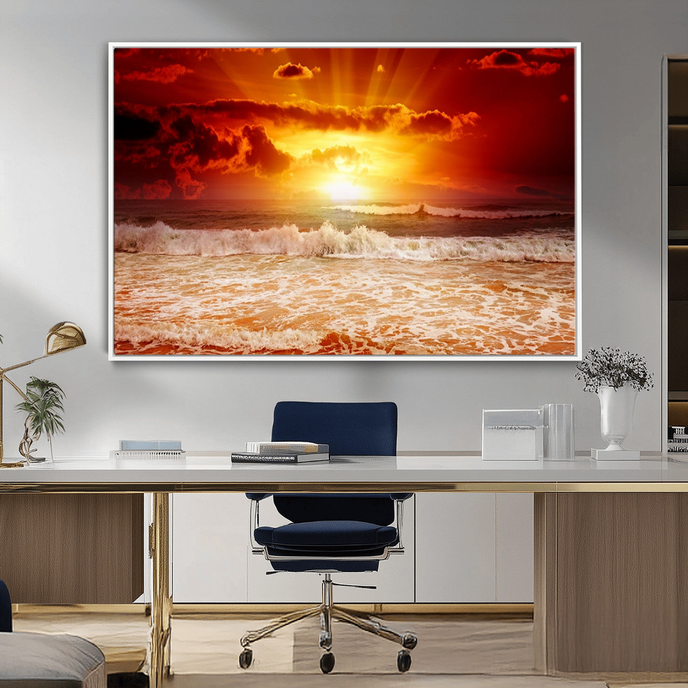 MGV-FC-36X24 - Red Sunset Ocean Beach Canvas Wall Art Beach Canvas, Coastal Sunset Print