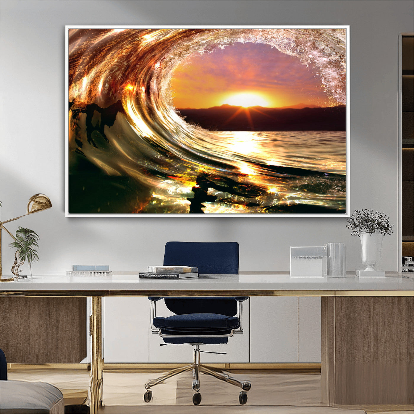 MGV-FC-36X24 - Golden Wave Sunset Triptych Canvas Art, Giclee Canvas Print of Ocean Wave and Sunset, Framed Ocean