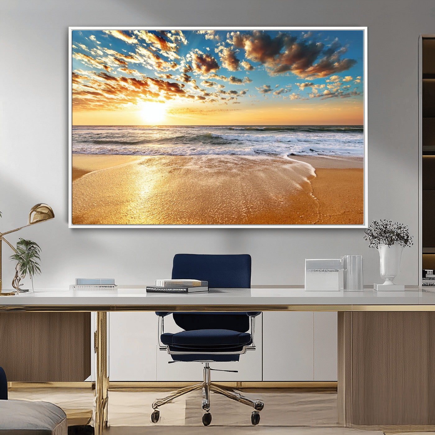 MGV-FC-36X24 - Golden Sunset Beach Print Canvas Wall Art, Giclee Canvas Print with Canon Print Quality, Triptych