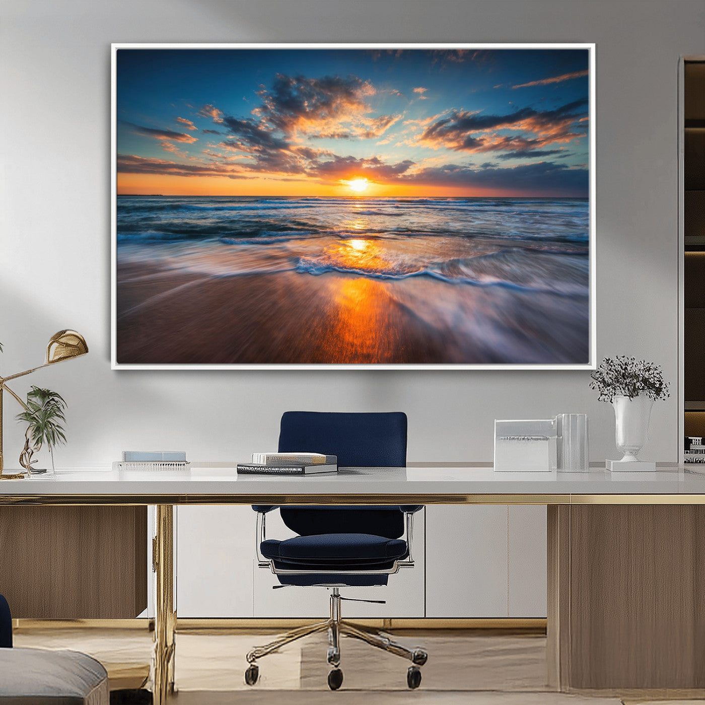 MGV-FC-36X24 - Sunset on the Ocean Beach with Waves, Reflections on Sand, Coastal Wall Art Print, Beach Wall Art,