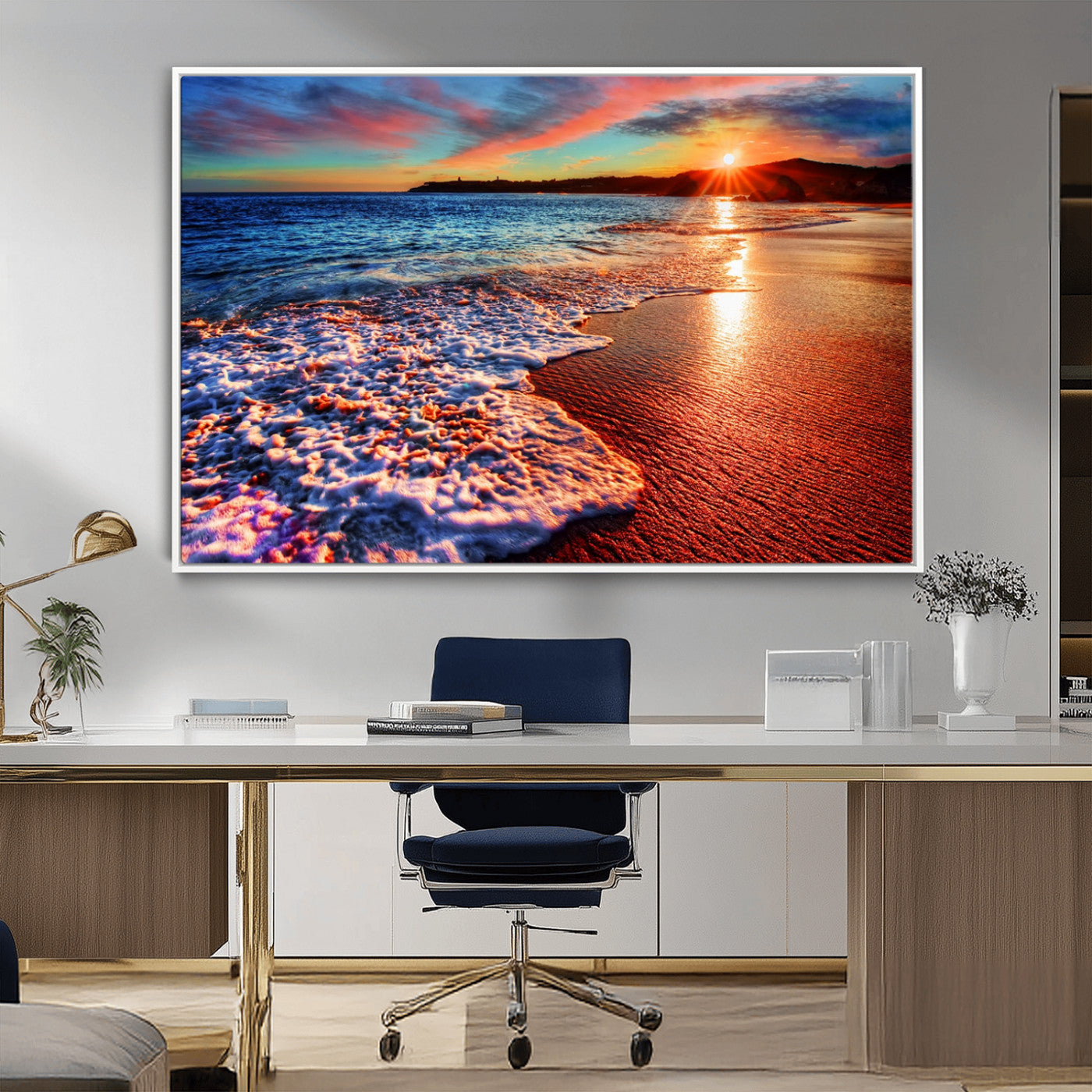 MGV-FC-36X24 - Colorful Coastal Sunset on the Beach Canvas Print, Ocean Waves Crashing at Dusk, Multi-Panel Seascape Vibrant Coastal Wall Art Canvas Print