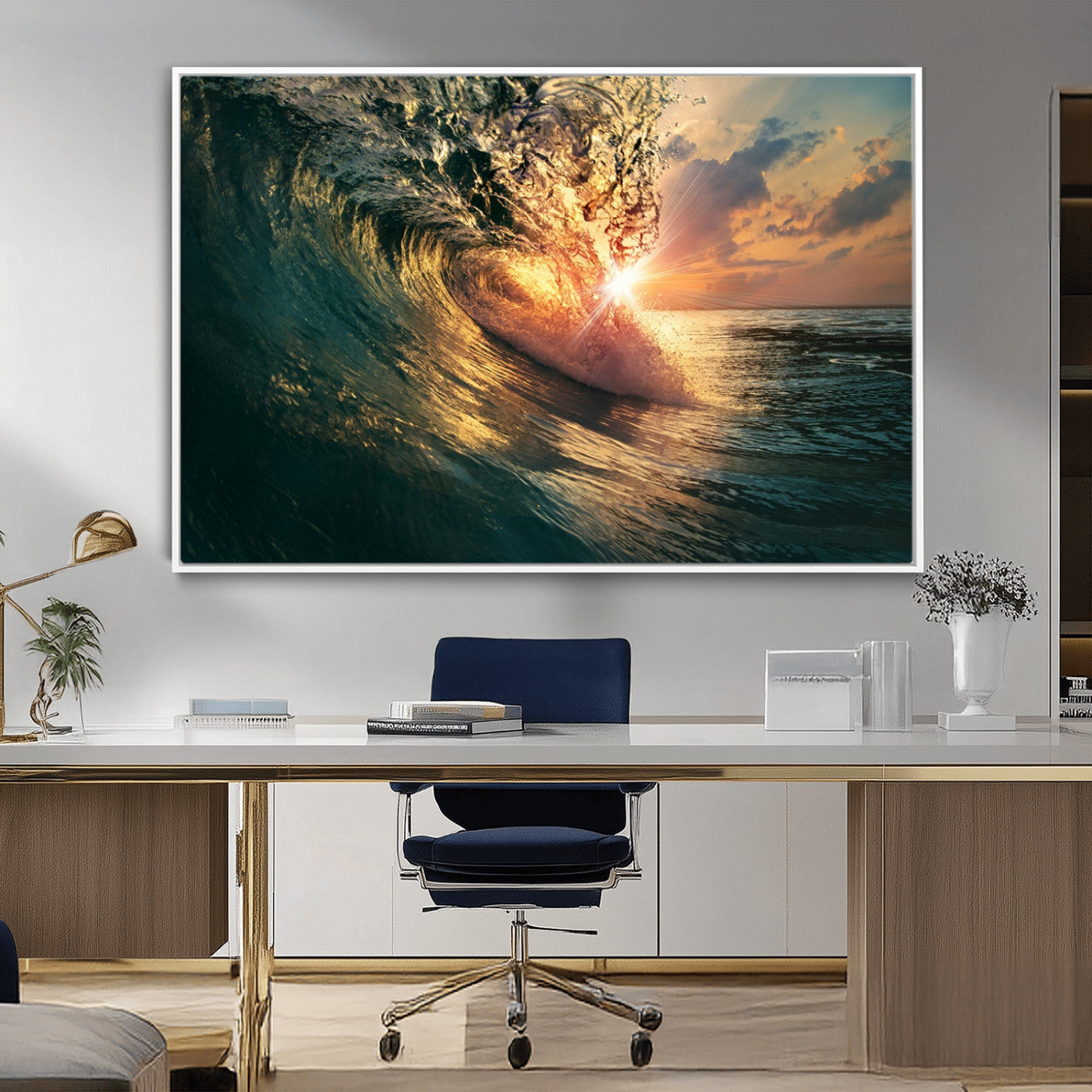 MGV-FC-36X24 - Ocean Wave Sunset Canvas Wall Art – Triptych Seascape Print – Framed and Ready to Hang for Living Room or Office