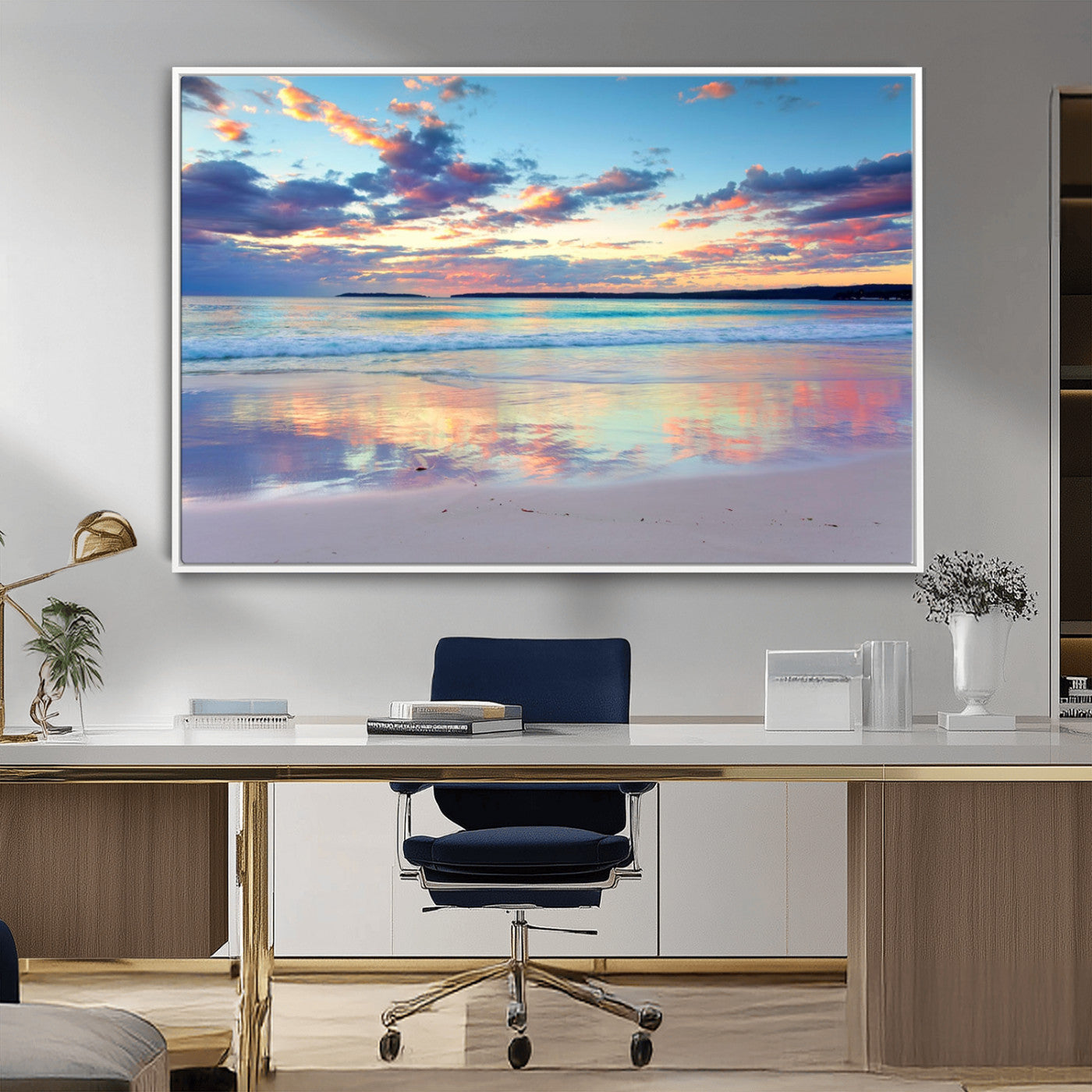 MGV-FC-36X24 - Tranquil Pastel Sunset Beach Triptych Canvas Art, Soothing Coastal Ocean Shoreline Giclee Print, Beach Reflections Wall Decor for Serene Spaces