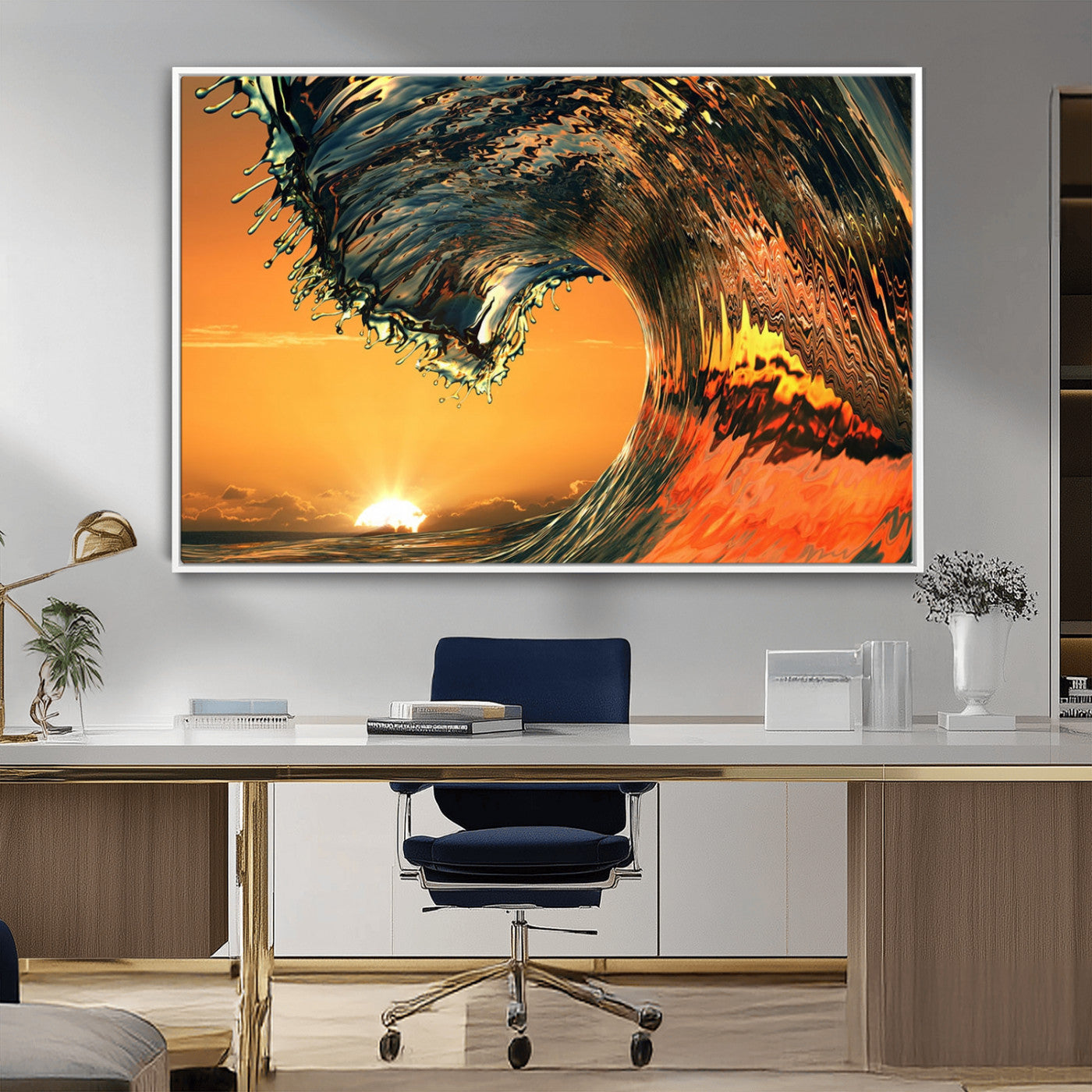 96977-MGV-FC-36X24_White-Surf Wave Sunset Canvas Wall Art Print, 3-Panel Ocean Coastal Wall Art Print, Ocean Decor for