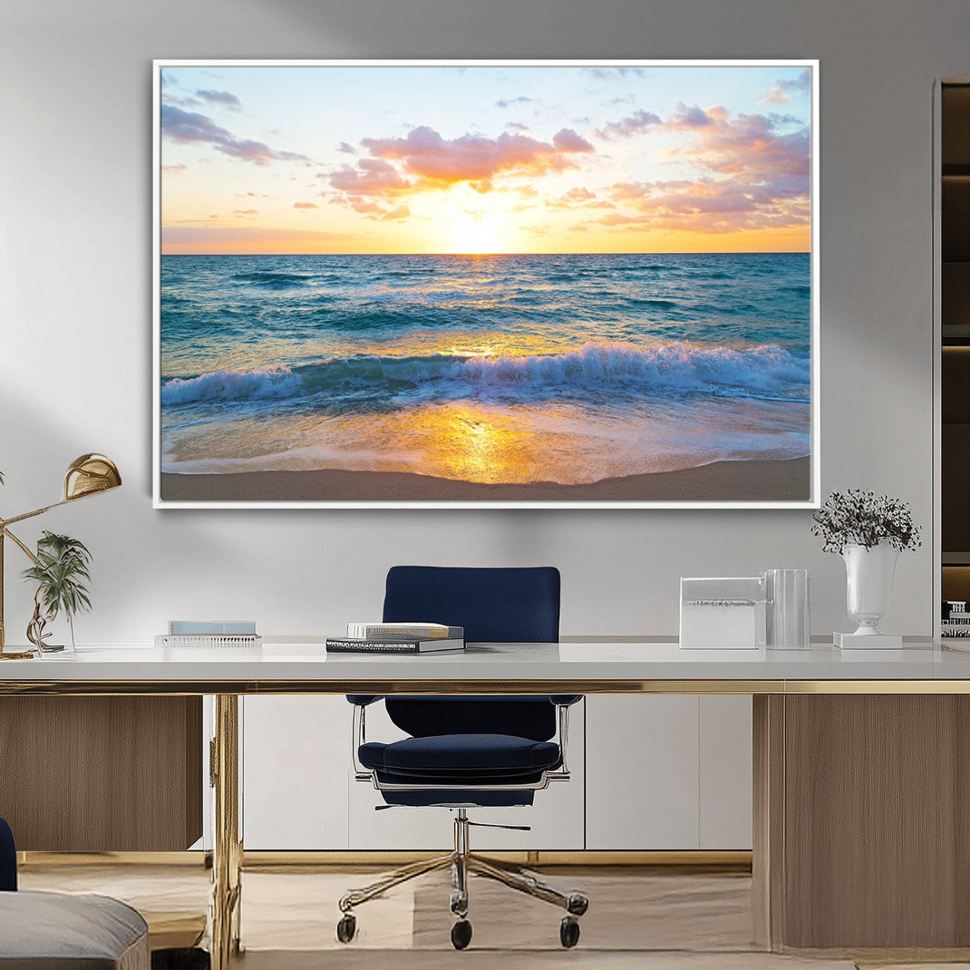 MGV-FC-36X24 - Ocean Sunset Triptych Canvas Wall Art, Giclee Beach Sunset Print with Gentle Waves, Coastal Art for Relaxation Spaces