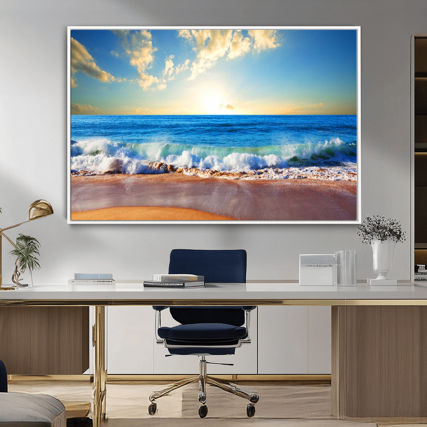 MGV-FC-36X24 - Tropical Beach Sunset Canvas Art, Ocean Waves and Sandy Shoreline Wall Art, Large Beach Decor for Coastal Homes
