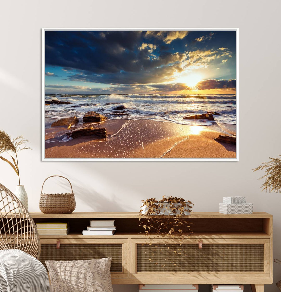 The Golden Hour Beach Sunset triptych adorns the wall with its captivating imagery.