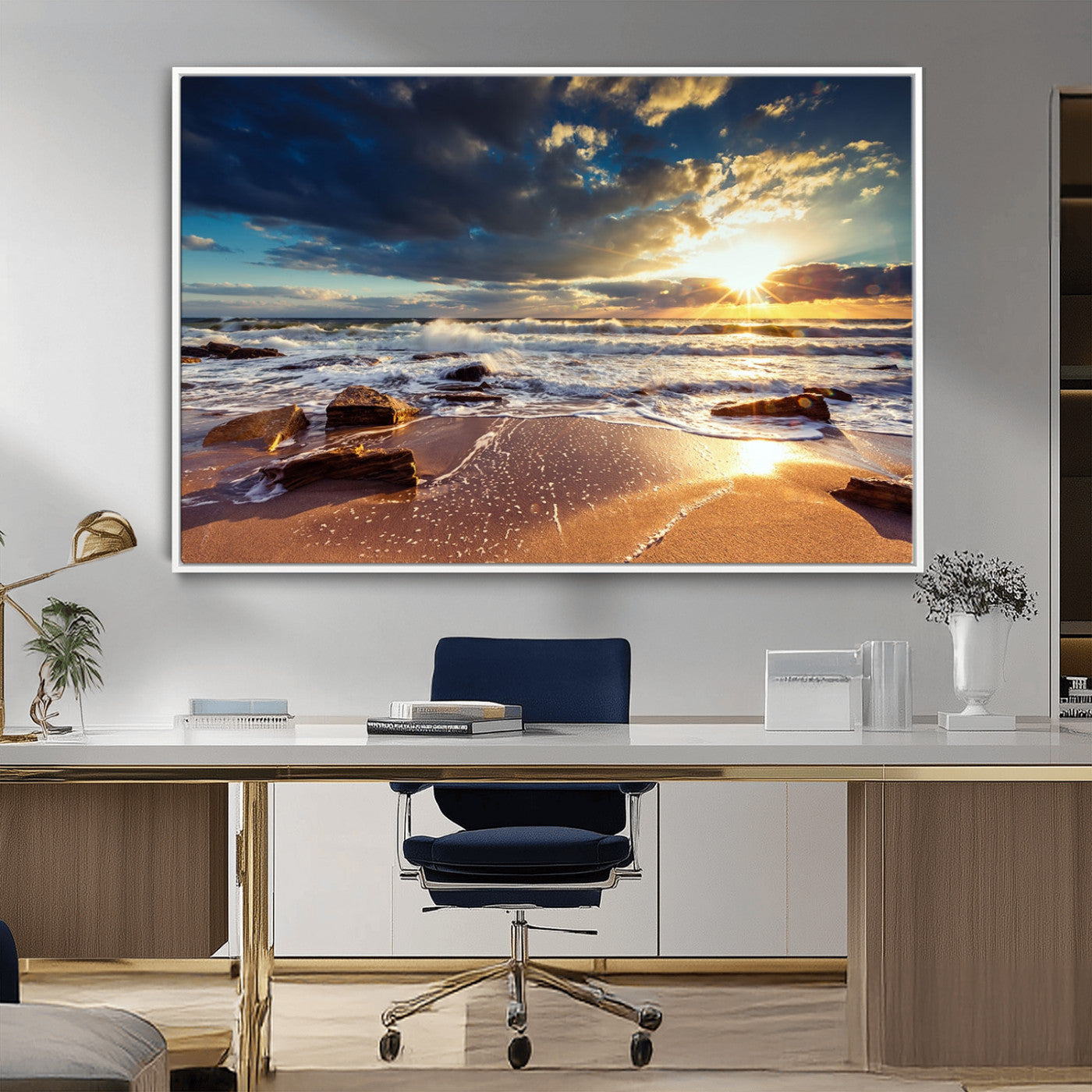 MGV-FC-36X24 - Golden Hour Beach Sunset Canvas Triptych, Ocean Waves and Rocks Wall Art for Coastal Home Decor