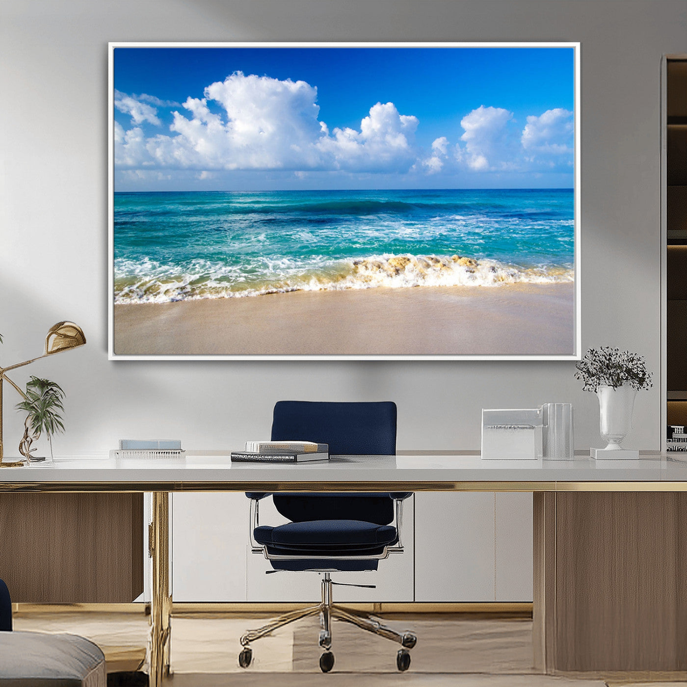 MGV-FC-36X24 - Tropical Beach 3-Panel Canvas Wall Art – Serene Ocean Waves and Blue Sky – Giclée Print for Living Room, Office, or Bedroom Coastal Decor