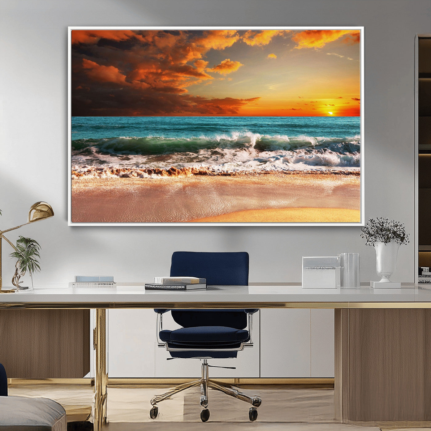 MGV-FC-36X24 - Golden Sunset Beach Canvas Wall Art – Triptych Seascape Print – Framed and Ready to Hang for Living Room or Office