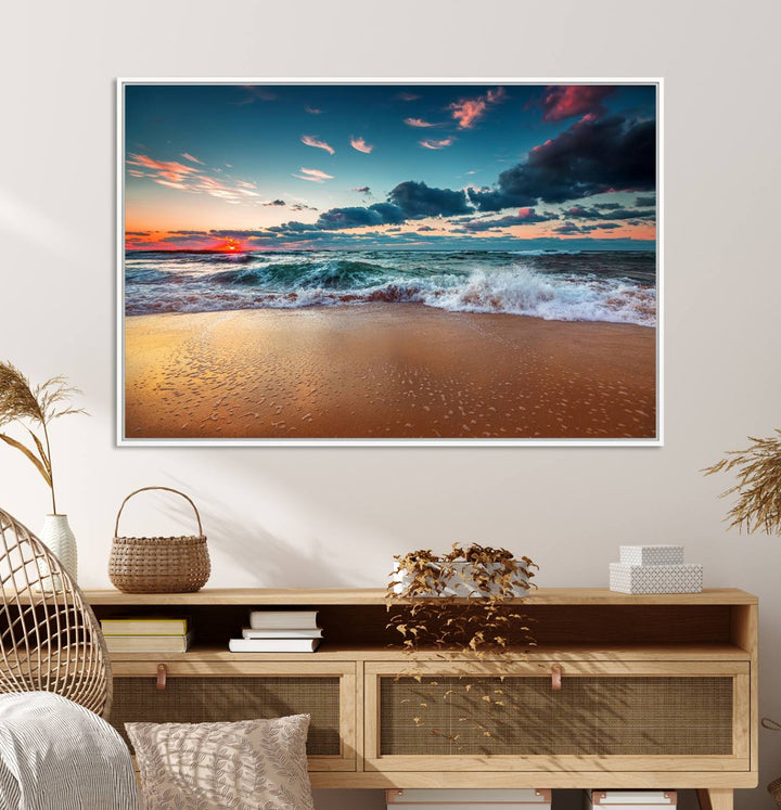 Sunset on Beach Wall Art: Waves under a vibrant sky. Crafted on museum-quality canvas, ready to hang and admire.