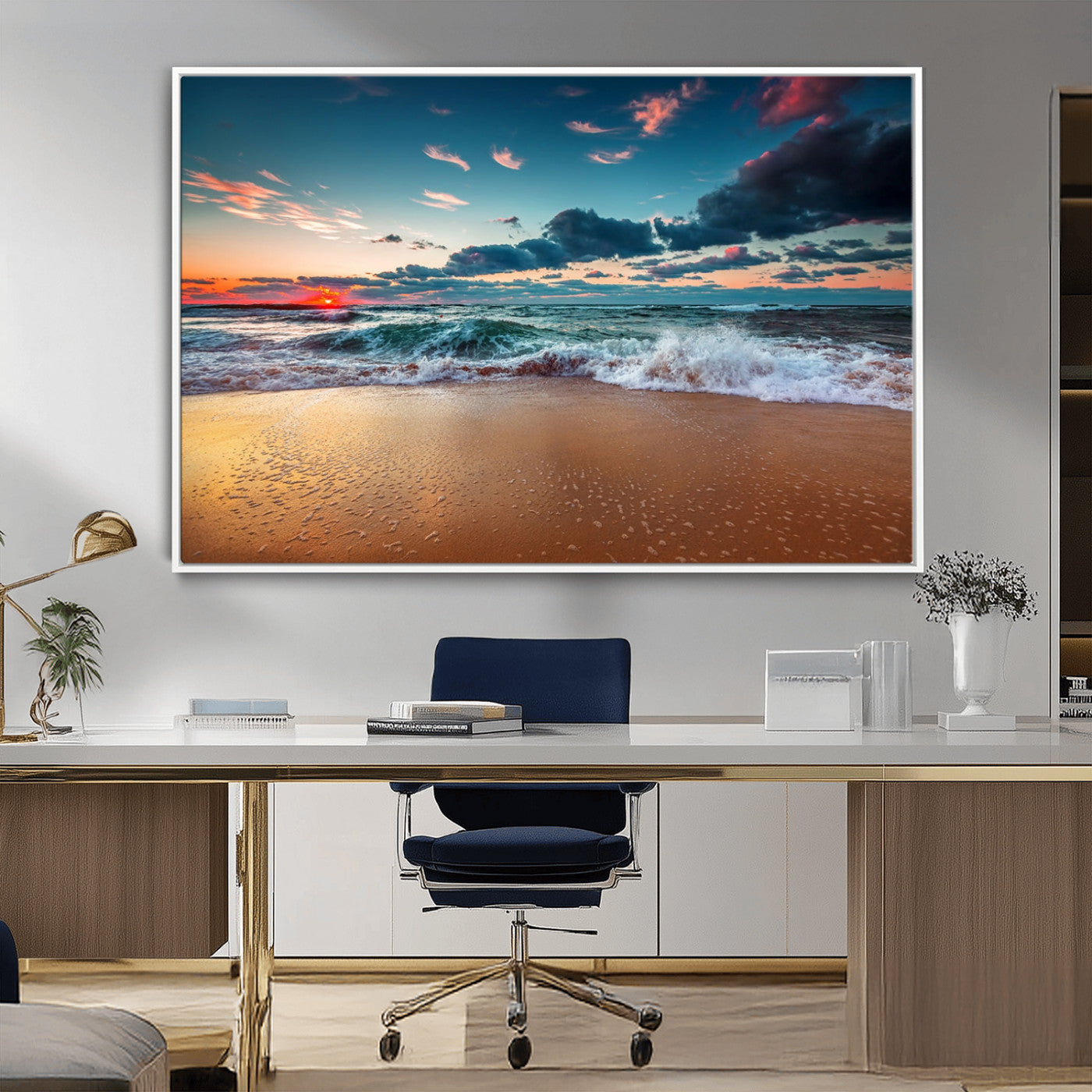 MGV-FC-36X24 - Sunset Ocean Beach Wall Art – Giclee Canvas Print, Coastal Seascape, Ready to Hang, Beach Decor, Large 3-Panel Set for Living Room