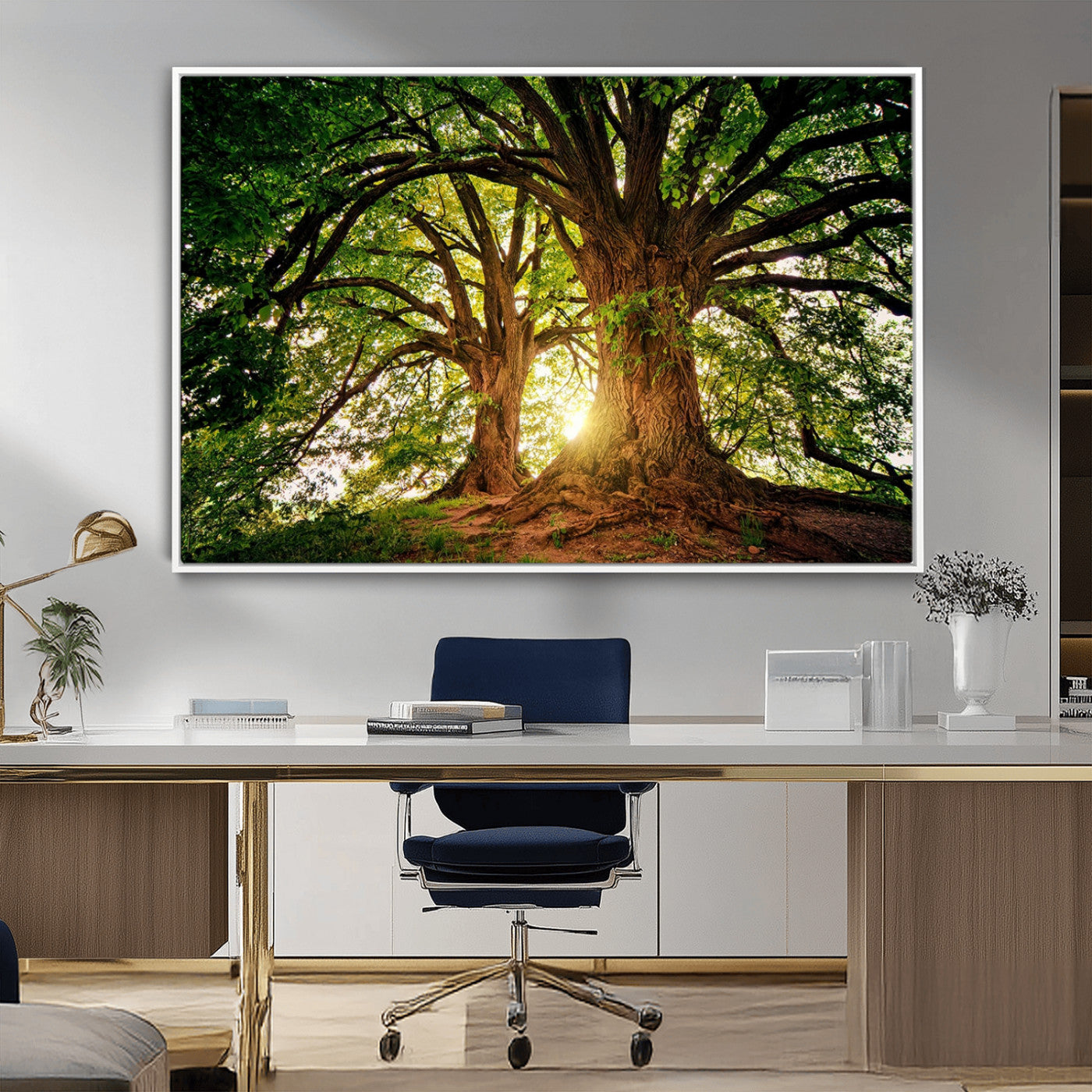 MGV-FC-36X24 - Majestic Ancient Tree Wall Art, Nature-Inspired Canvas Print, Woodland Art, Tree of Life Artwork, Sunlit Forest, Giclee Nature Print