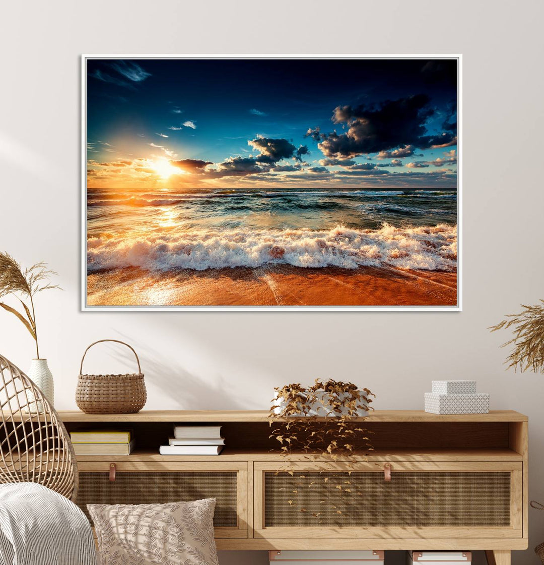 Golden Hour Sunset Over Ocean Waves Canvas: 3-Panel Coastal Landscape Art with Stunning Beach Photography Print.