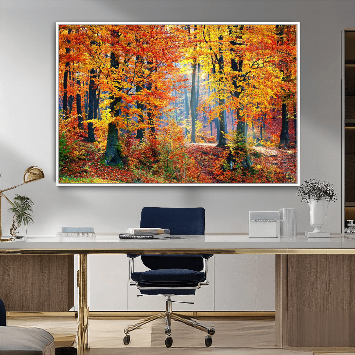 MGV-FC-36X24 - Autumn Red Forest Triptych Canvas Wall Art Print, Forest Wall Decor, Fall Landscape Art | Season Nature Landscape for Home or Office