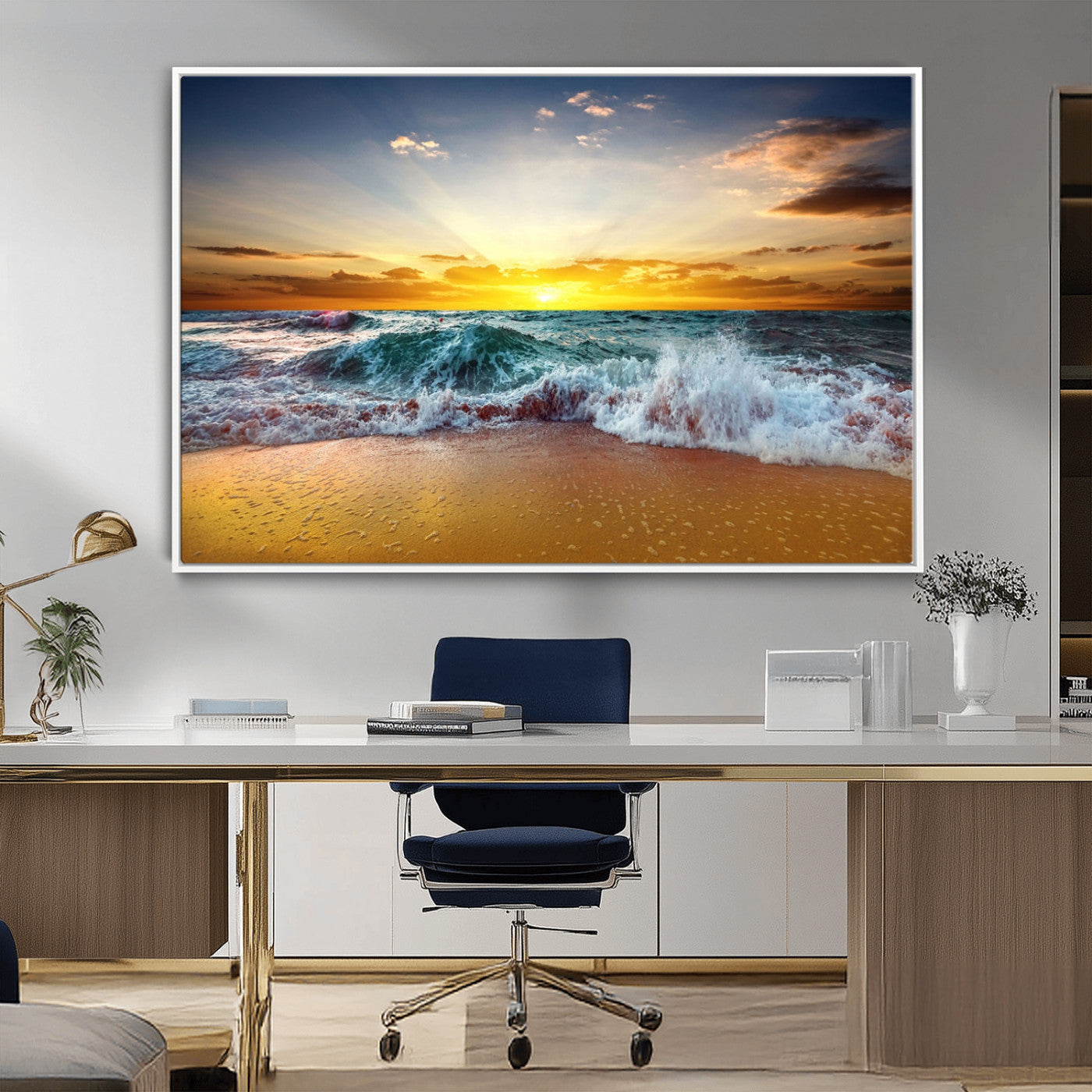 MGV-FC-36X24 - Golden Sunset Ocean Waves Wall Art Canvas Print – Multi Panel Beach Canvas Print Set – Large Coastal Triptych Print for Home or Farmhouse Decor