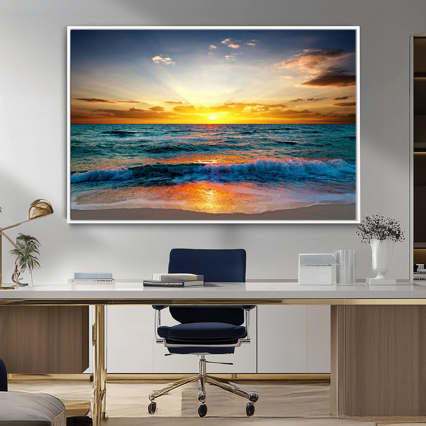 MGV-FC-36X24 - Vibrant Ocean Sunrise Over Golden Beach Waves, Giclee Canvas Wall Art Set, High-Quality Stretched Canvas Print, Ready to Hang Coastal Sunset Wall