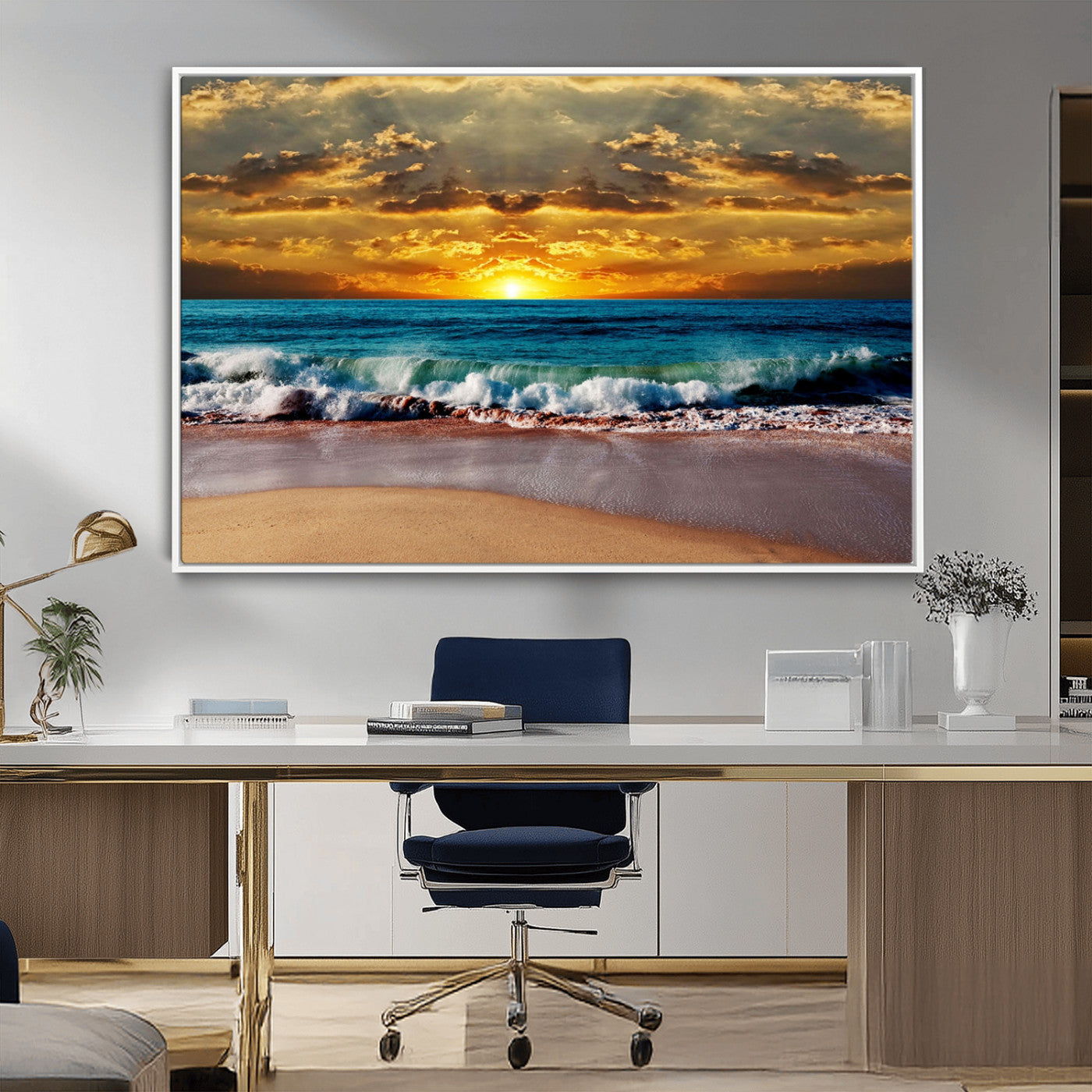 MGV-FC-36X24 - Ocean Sunrise Over Golden Beach Waves, Giclee Canvas Wall Art Set, High-Quality Stretched Canvas Print, Ready to Hang Coastal Sunset Wall Decor