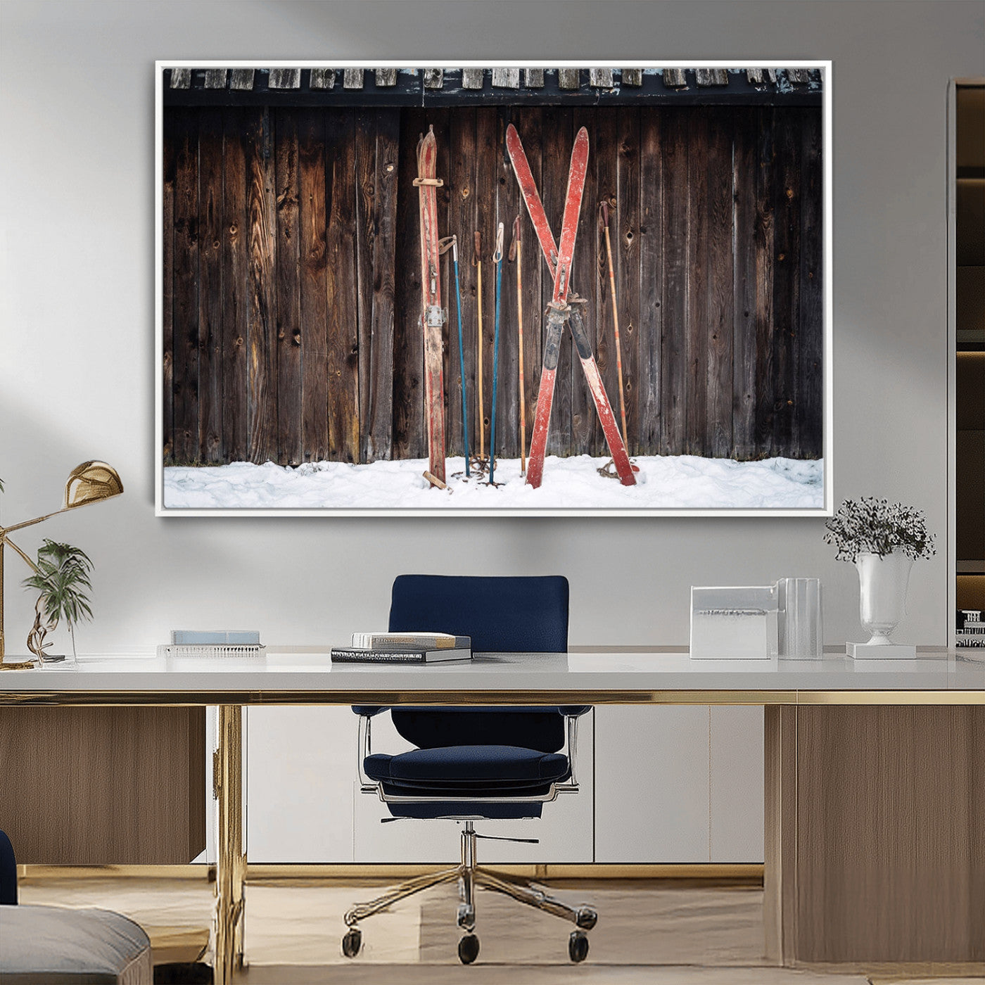 MGV-FC-36X24 - Vintage Ski Gear Against Wooden Cabin Wall, Rustic Winter Sports Equipment Canvas Print, Ready to Hang Wall Art, Perfect for Lodge or Ski Cabin Decor