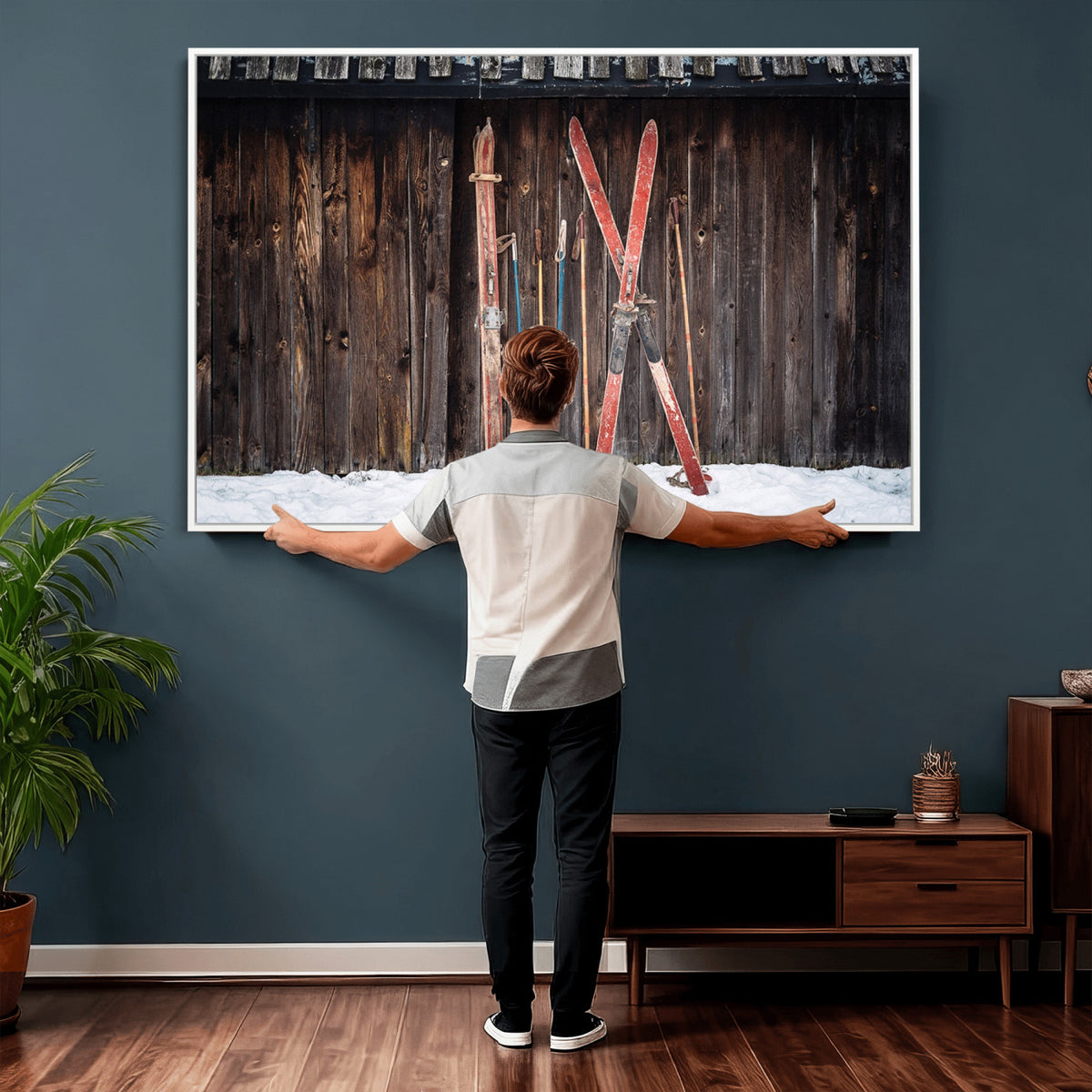 78590-MGV-CV-36X24 - Vintage Ski Gear Canvas Print, Vintage Ski Gear Against Wooden Cabin Wall