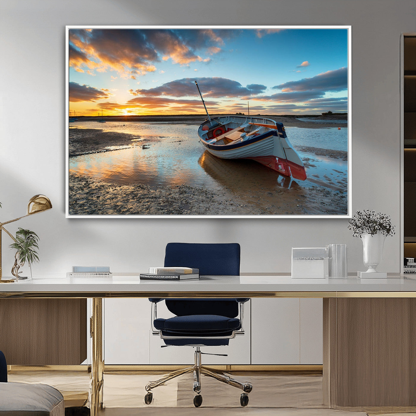 MGV-FC-36X24 - Small Boat At The Beach Sunset Wall Art, Boat Sunset Wall Art Canvas Print