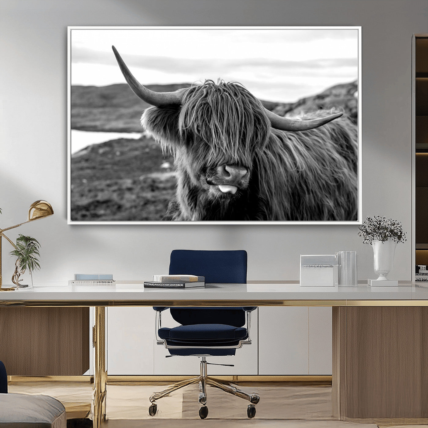 MGV-FC-36X24 - Highland Cow Canvas Wall Art – Black and White Animal Portrait – Framed and Ready to Hang Rustic Farmhouse Decor for Living Room or Office