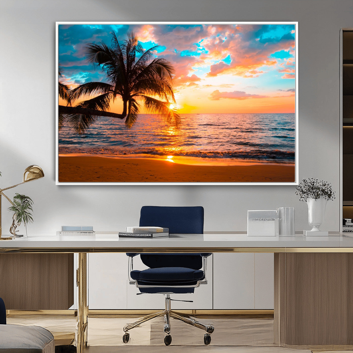 -Palm Tree Sunset On The Beach Wall Art Canvas, Framed Palm Tree Sunset Canvas Print