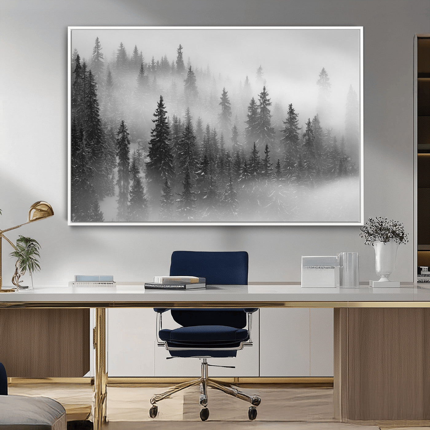 MGV-FC-36X24 - Black and White Forest Wall Art Print – Misty Pine Tree Canvas Print – Winter Woodland Nature Artwork – Perfect for Minimalist Home Decor