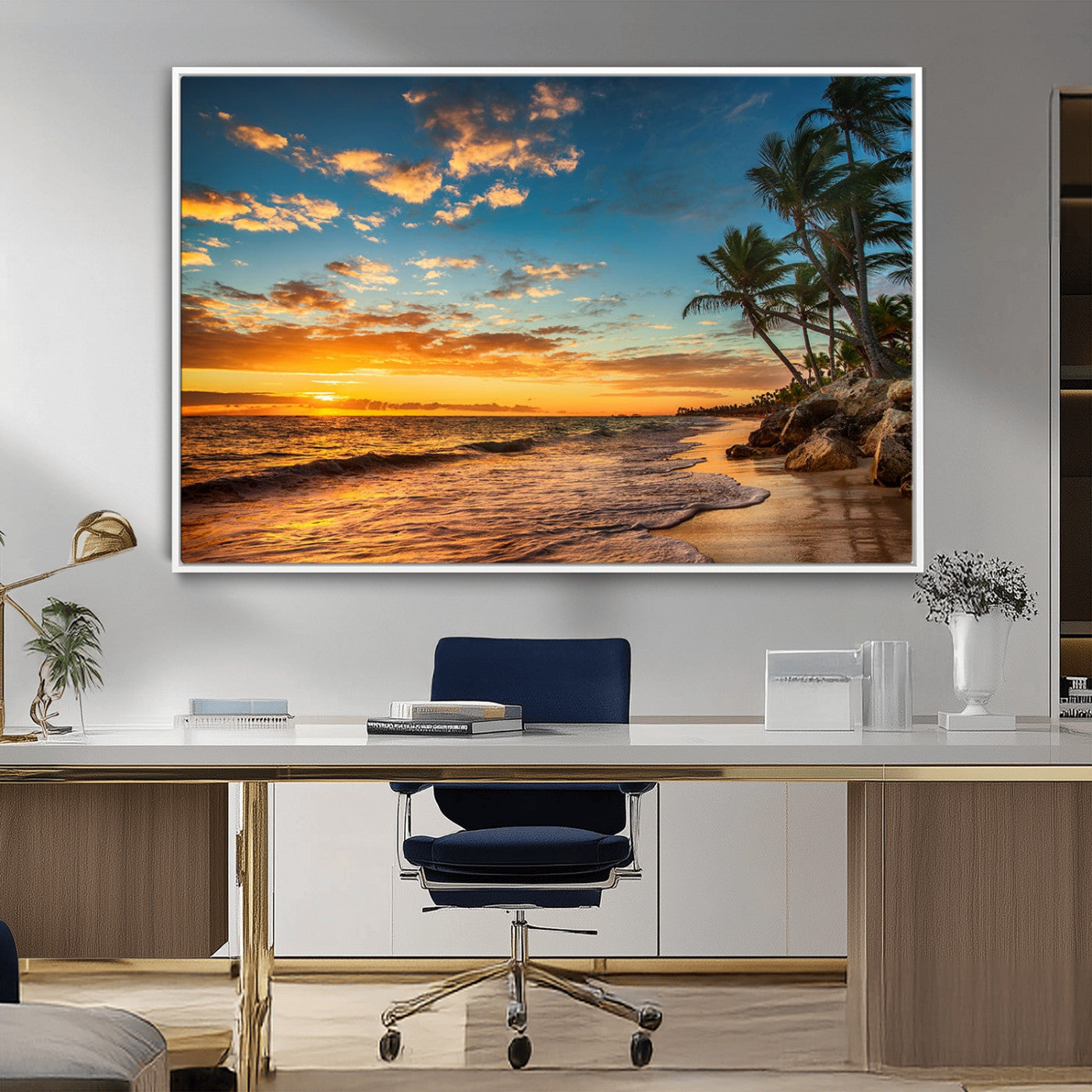 MGV-FC-36X24 - Tropical Beach Sunset Wall Art Print – Palm Tree Coastal Canvas Print – Ocean Seascape Artwork – Perfect for Tropical Modern Home Decor