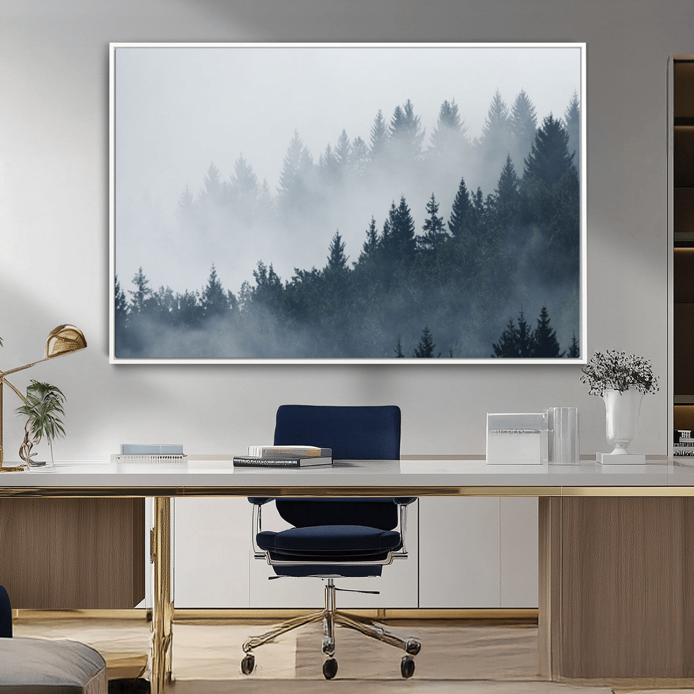 MGV-FC-36X24 - Misty Forest Wall Art Print – Foggy Pine Tree Canvas Print – Dark Woodland Nature Artwork – Perfect for Minimalist and Modern Home Decor