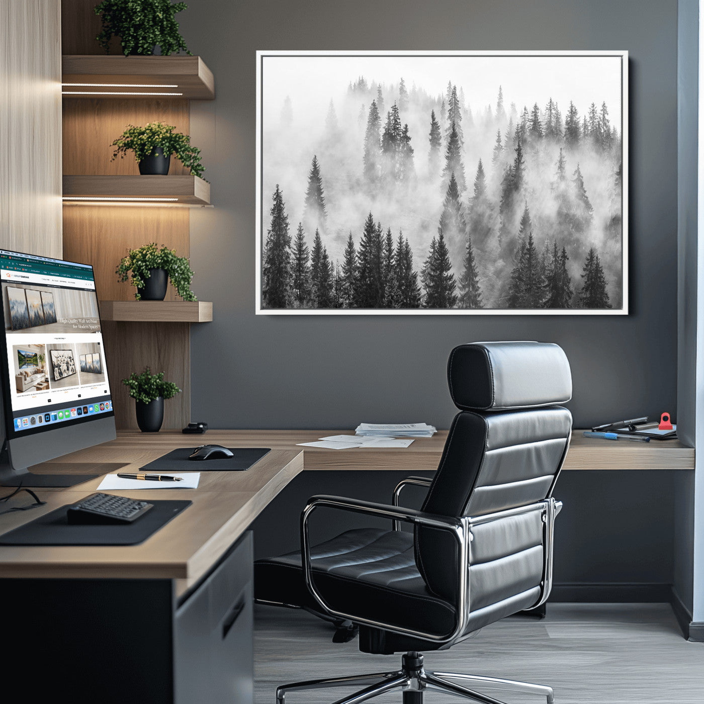 10422-MGV-CV-36X24-Forest Wall Art Print | Foggy Pine Forest Canvas Wall Art - Black and White Nature Decor for Living Room