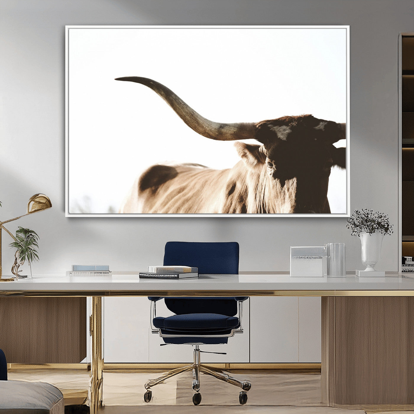 MGV-FC-36X24 - Texas Longhorn Wall Art Canvas Print | 3-Panel Large Longhorn Canvas Print for Living Room, Framed Gallery Wrap Office, Rustic Western Cowboy Decor