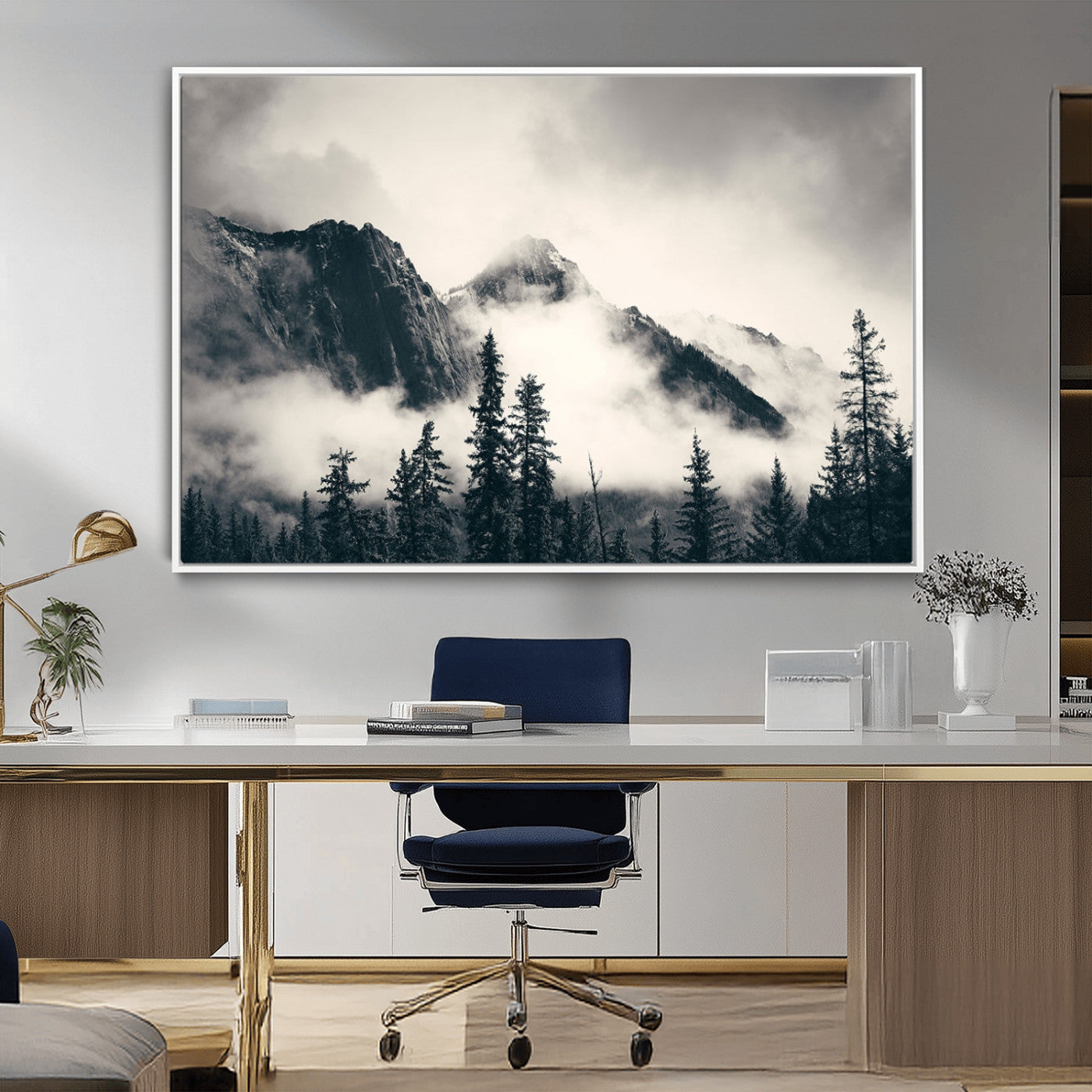 MGV-FC-36X24 - Large Foggy Mountain Forest Wall Art Canvas Print | Misty Mountain Peaks and Pine Trees Print | Framed Gallery Wrap | Rustic Nature Farmhouse Decor