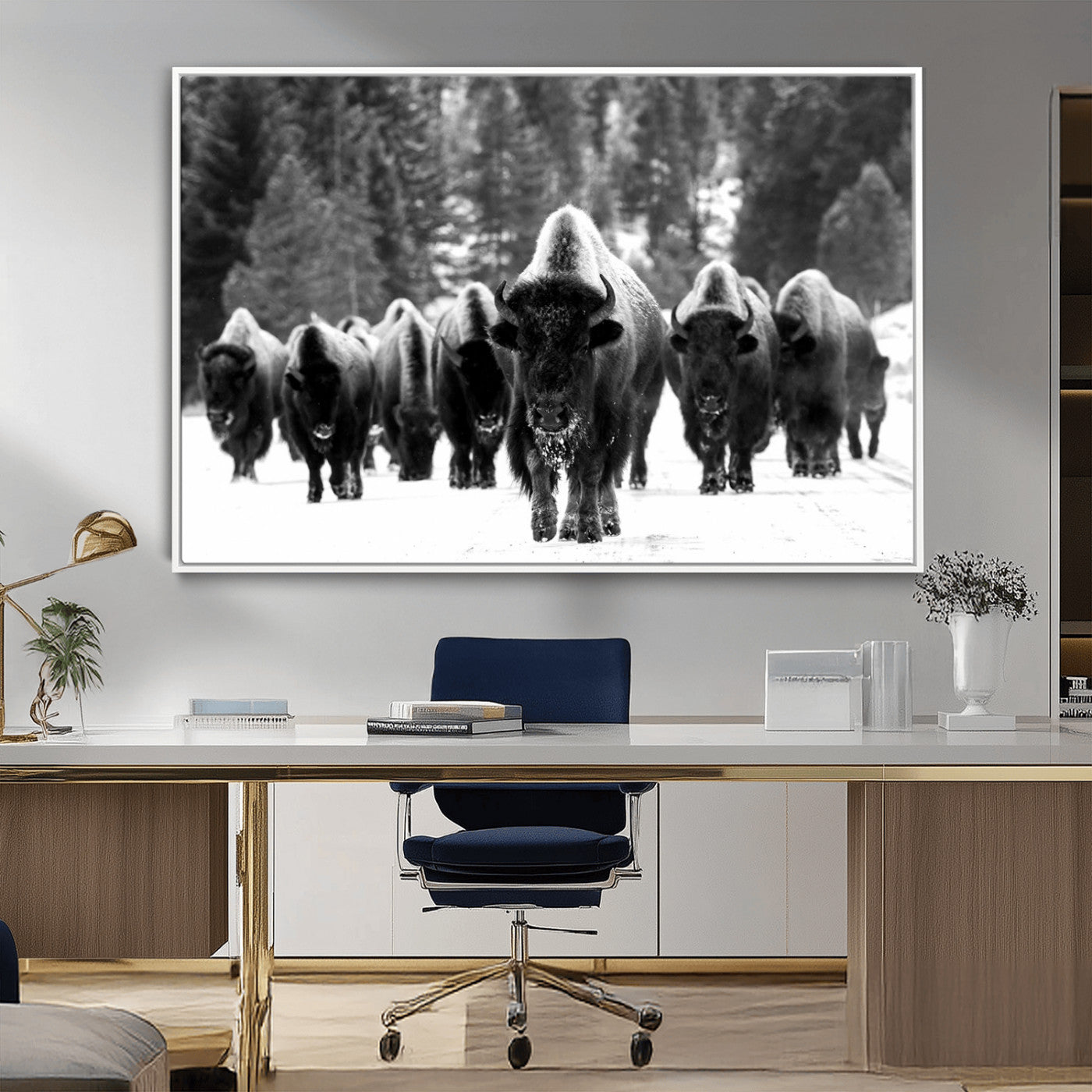 MGV-FC-36X24 - Bison Herd in Snow Wall Art Canvas Print | Rustic Western Bison Wall Art for Decor for Living Room, Office, and Farmhouse Decor | Framed Large Bison Giclee Canvas Print