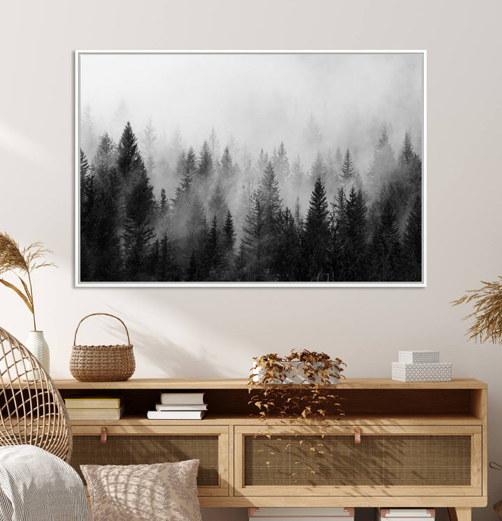 Fogy Forest Canvas Art features misty pines and a mountain landscape.