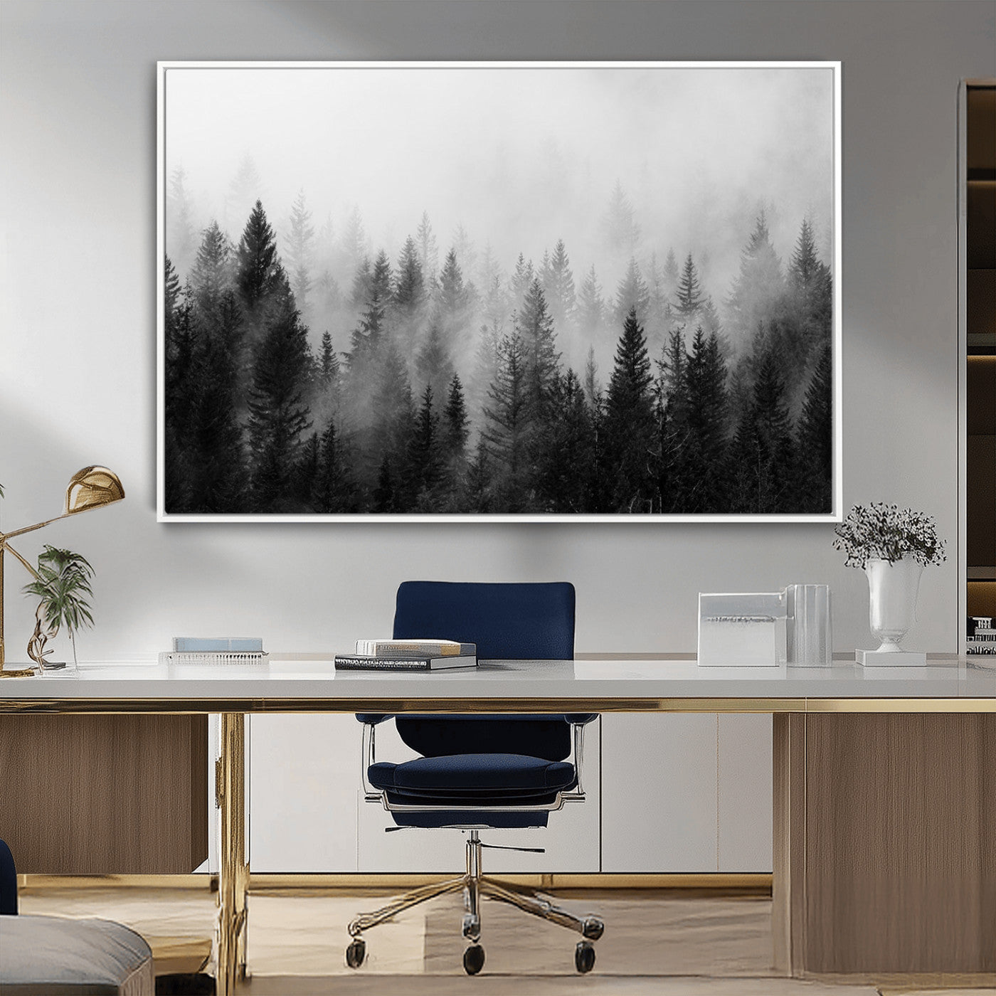 MGV-FC-36X24 - Foggy Black and White Forest Wall Art, 3 Panel Misty Pine Trees Canvas Print for Living Room, Office, or Bedroom, Nature-Inspired Woodland Wall Decor