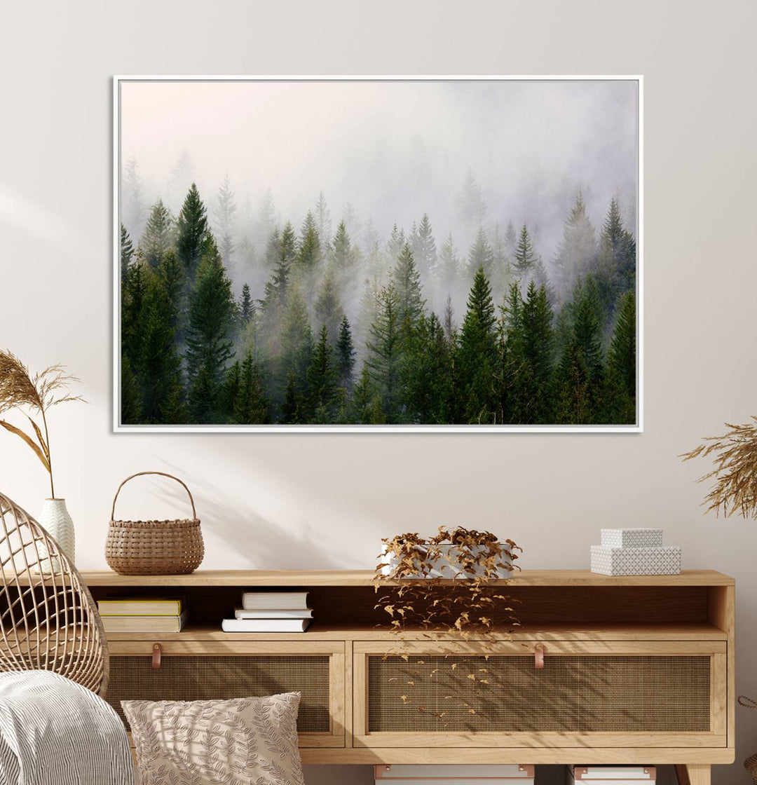 A serene, foggy evergreen forest creates a mysterious atmosphere, ideal for premium canvas wall art.