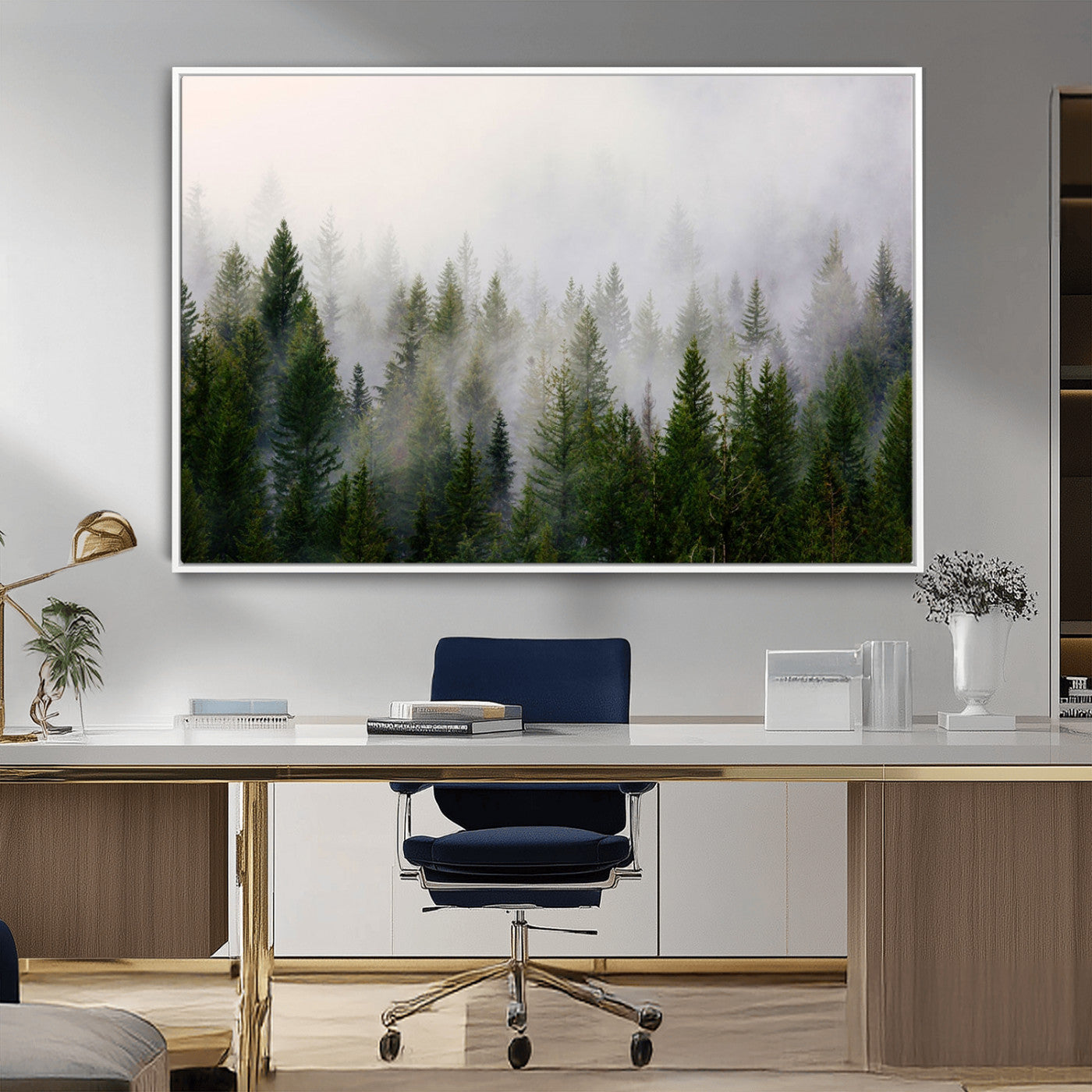 MGV-FC-36X24 - Misty Pine Forest Wall Art Canvas Print | 3 Panel Green Woodland Canvas Print for Living Room, Office, or Dining Room | Nature Foggy Forest Decor