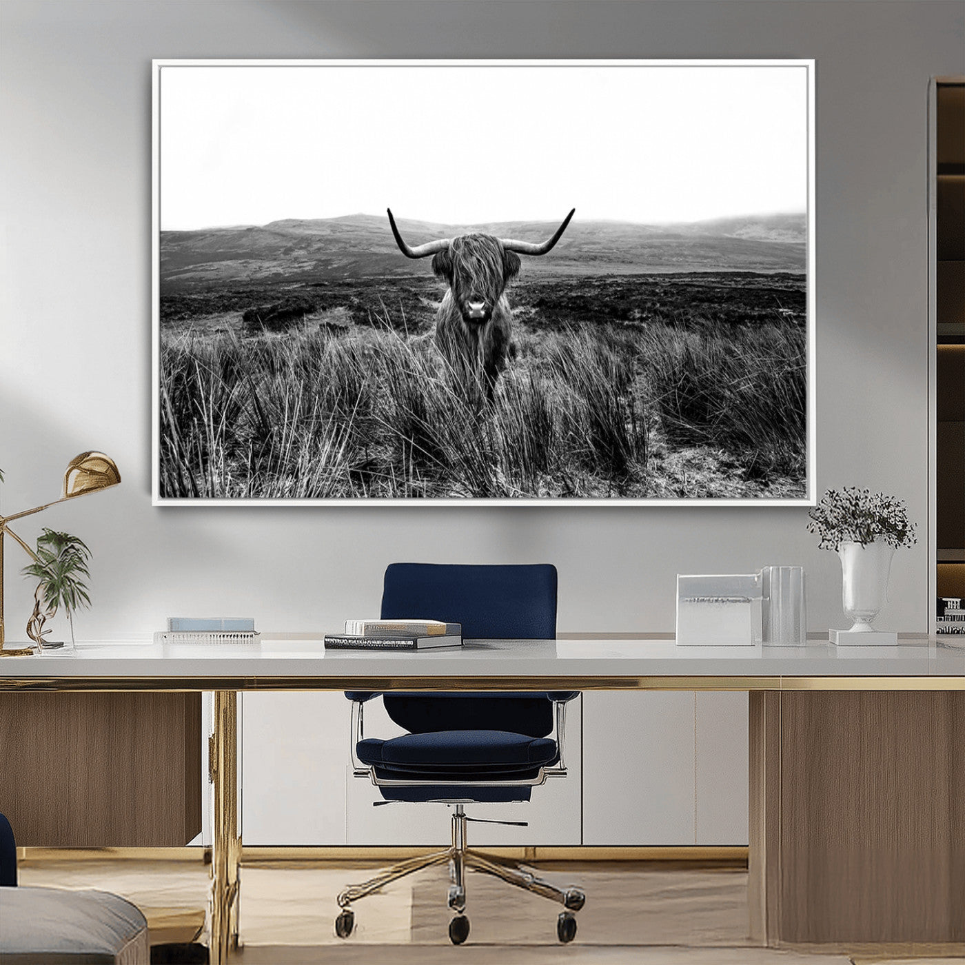 MGV-FC-36X24 - Black and White Highland Cow Canvas Wall Art, Longhorn Triptych Western Wall Decor for Cabin -